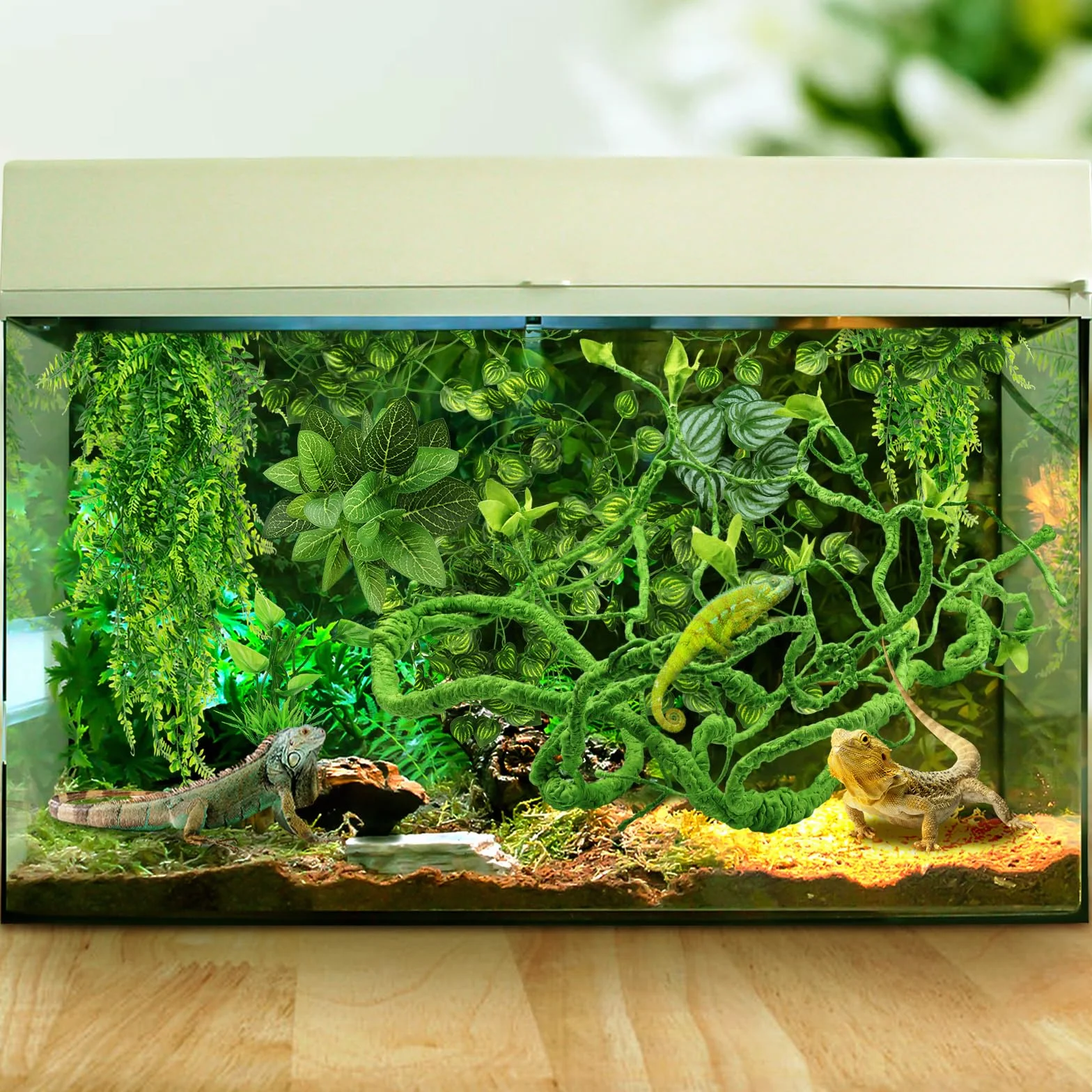 QUOZUO Brodaty smok Zbiornik Akcesoria do Zbiornika Dla Siedlisk, Wiszące Rośliny Terrarium Sztuczne Liście Gekon Lampart Akcesoria Zbiornik