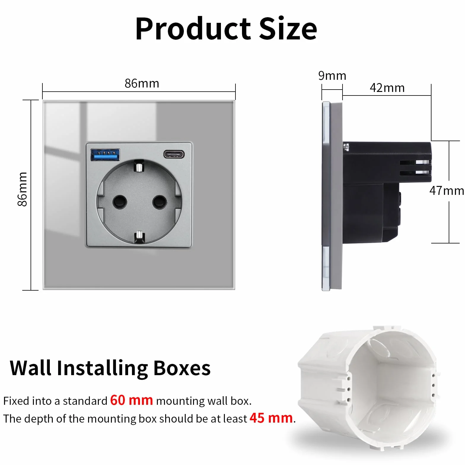 JIMEIDA Gniazdko wtykowe ze szkła z USB 20 W, szybkie ładowanie, kolor szary, podtynkowe, 1 gniazdo, 16 A, USB A i typ C, 86 x 86 mm, 250 V