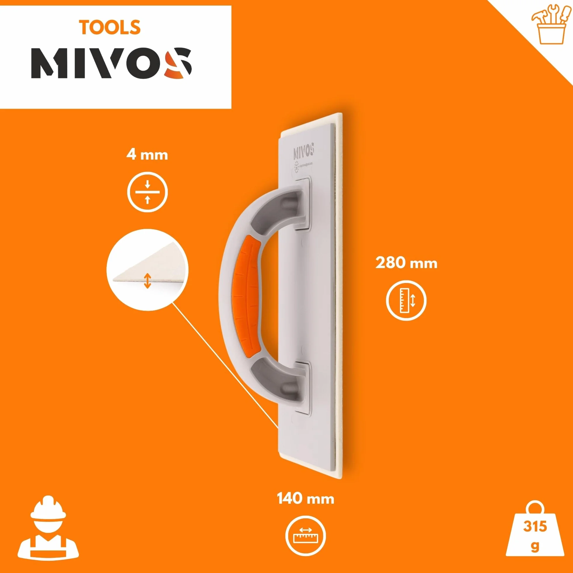 Mivos Paca z tworzywa sztucznego z filcową podkładką 4 mm - 280 x 140 - Rajberka filcowa do tynków - Dwukomponentowy uchwyt - Zacieraczka z filcową nakładką 4 mm dla tynkarzy i murarzy
