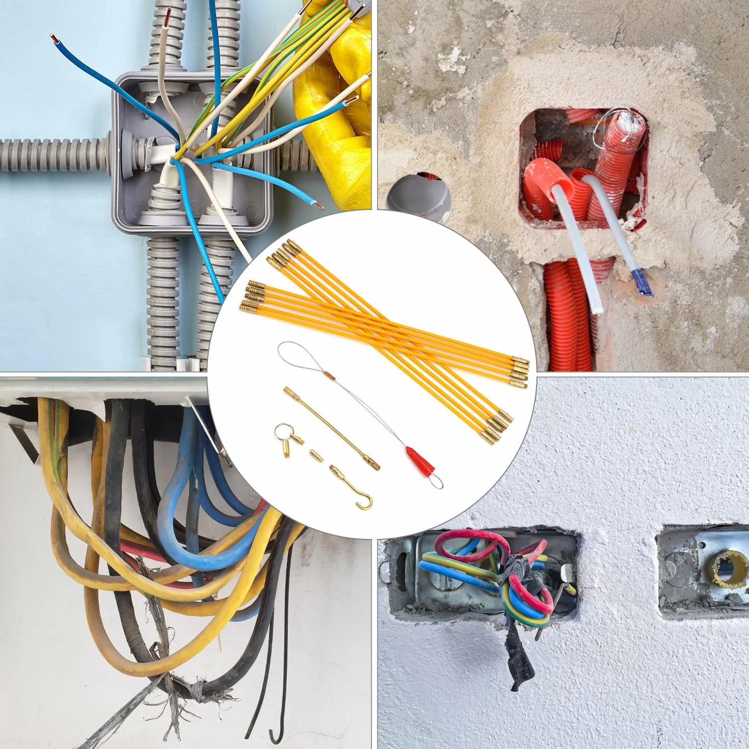 QWORK® Zestaw ściągaczy kabli z włókna szklanego 10 szt. z hakiem i otworem, ściągacz do kabli 33 cm, zestaw prętów kablowych
