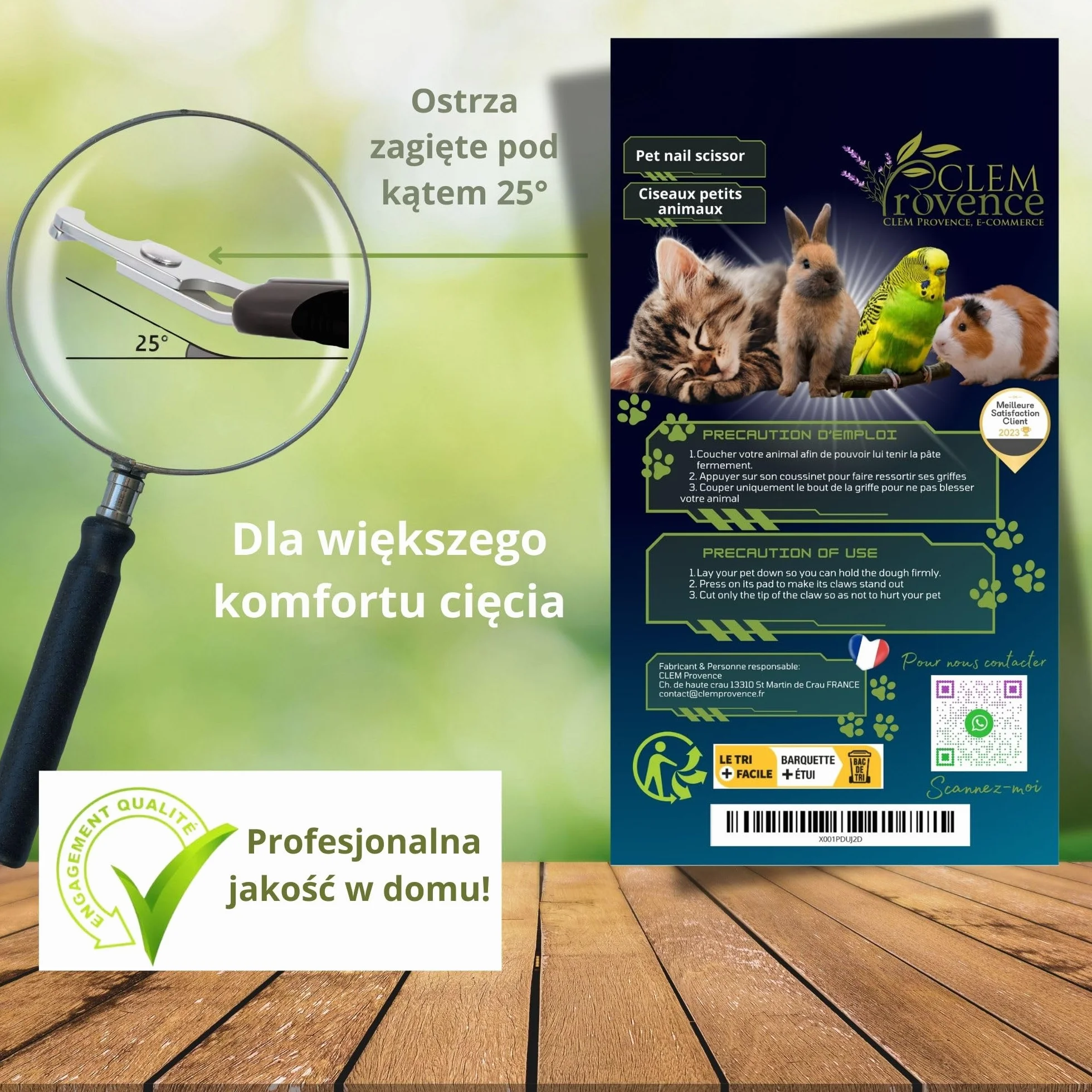 Obcinaczki do Pazurów Kota, Małych Psów i Królików - Weterynaryjne Cążki z Zakrzywionym Ostrzem 25° ze Stali Nierdzewnej, Ergonomiczny Uchwyt Antypoślizgowy - CLEM Provence