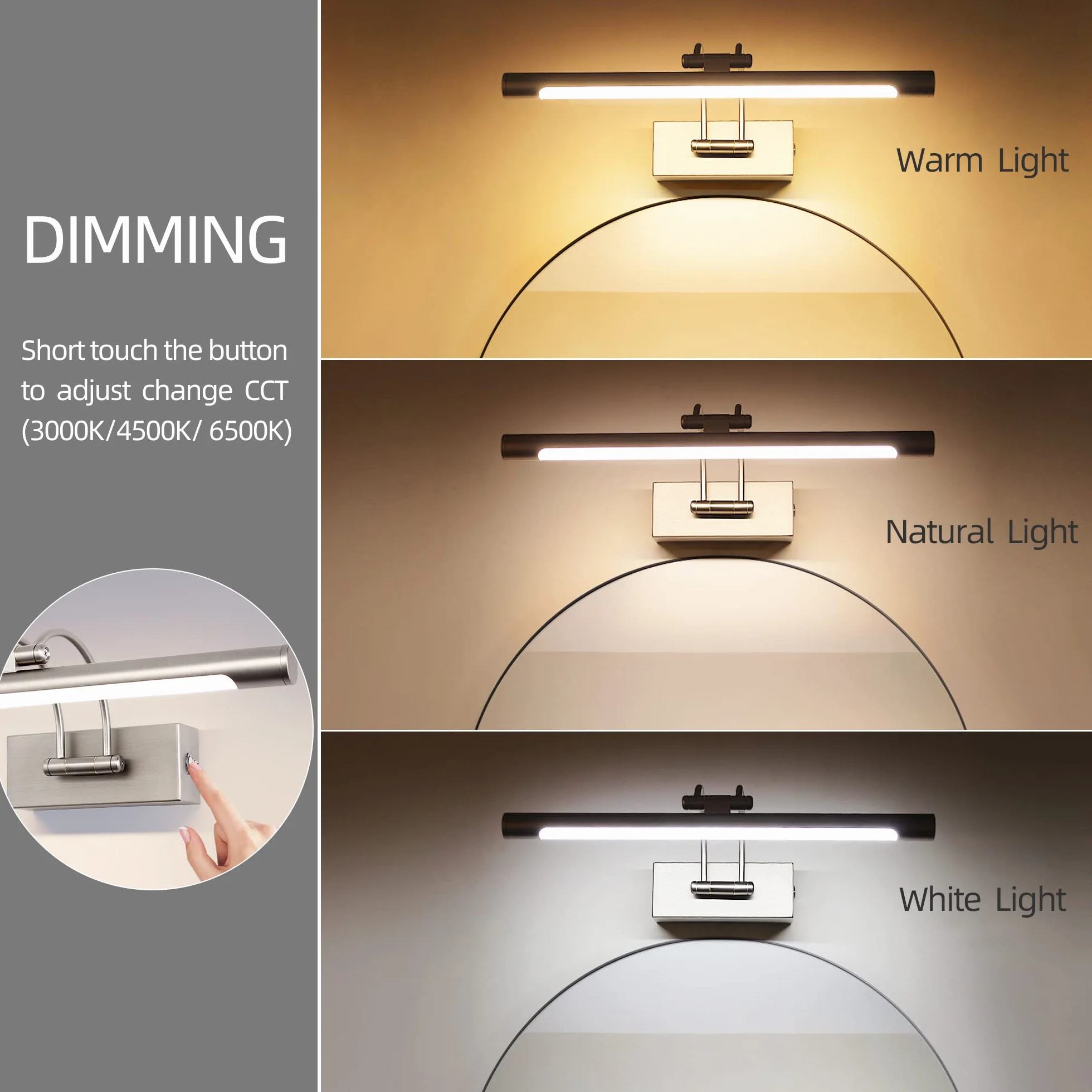 MantoLite Ściemnialna lampa ścienna do obrazów i witryn, 40 cm 10 W LED lustro łazienkowe obrotowe oświetlenie wewnętrzne oświetlenie, 3000 K/4500K/6000K niklowane lampki do czytania lampa