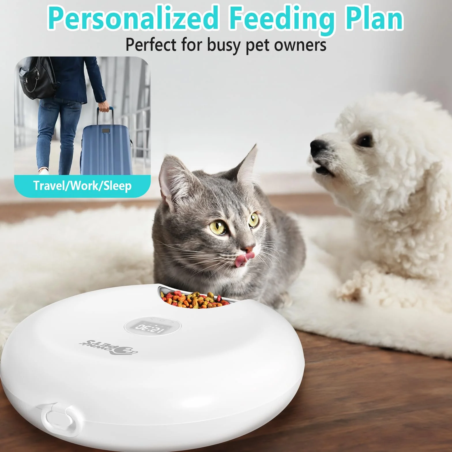 Ownpets Automatyczny podajnik z licznikiem dla zwierząt domowych na mokrą karmę, automatyczny dozownik z zasilaniem bateryjnym i USB, dwa opaski chłodzące, stalowa tacka na jedzenie 6 posiłków (każdy