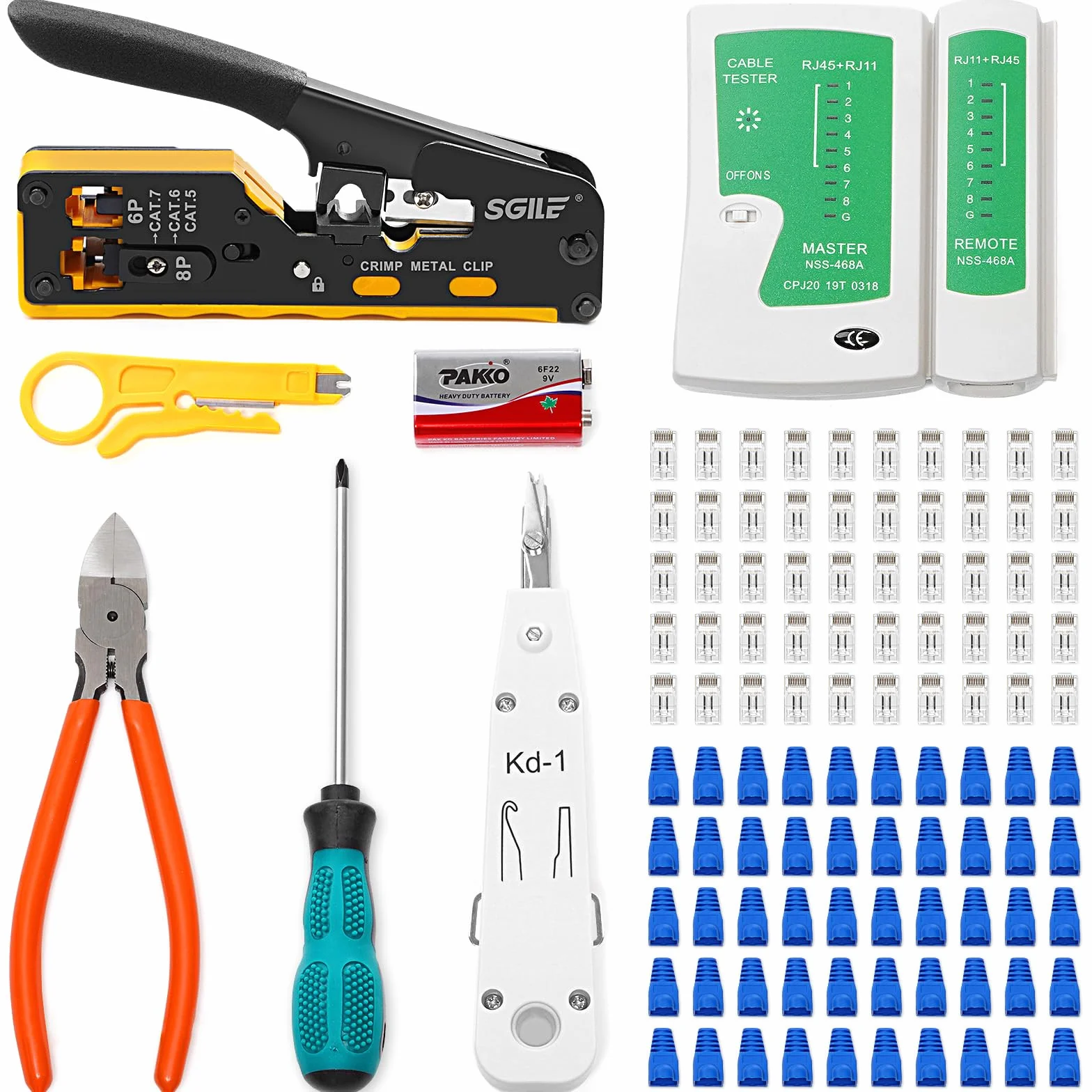 SGILE Zestaw Narzędzi do Zaciskania RJ45, Wielofunkcyjna Zintegrowana Maszyna Cat5 Cat6 Cat7, Zestaw do Testowania Kabli LAN Konserwacji Komputera, Kompletny Narzędzi Konserwacji Sieci