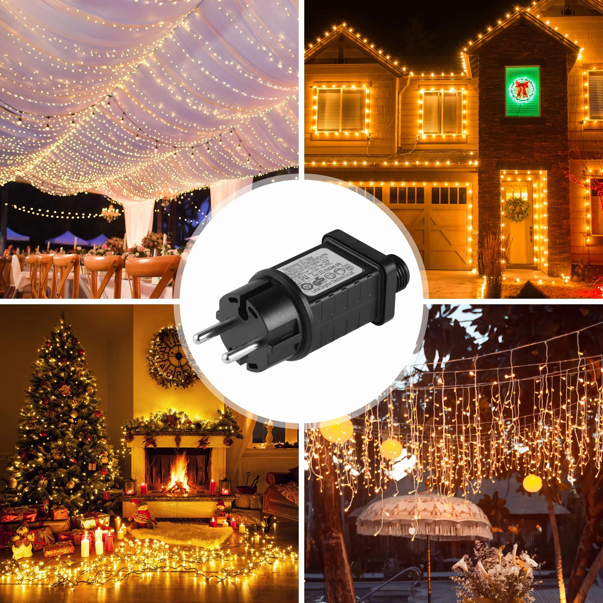 JIZZU Łańcuch świetlny na Boże Narodzenie, zasilacz sieciowy, transformator 31 V, 6 W, transformator niskiego napięcia LED z 9 trybami, funkcja timera, wyłączanie, wodoszczelność IP44, do łańcuchów