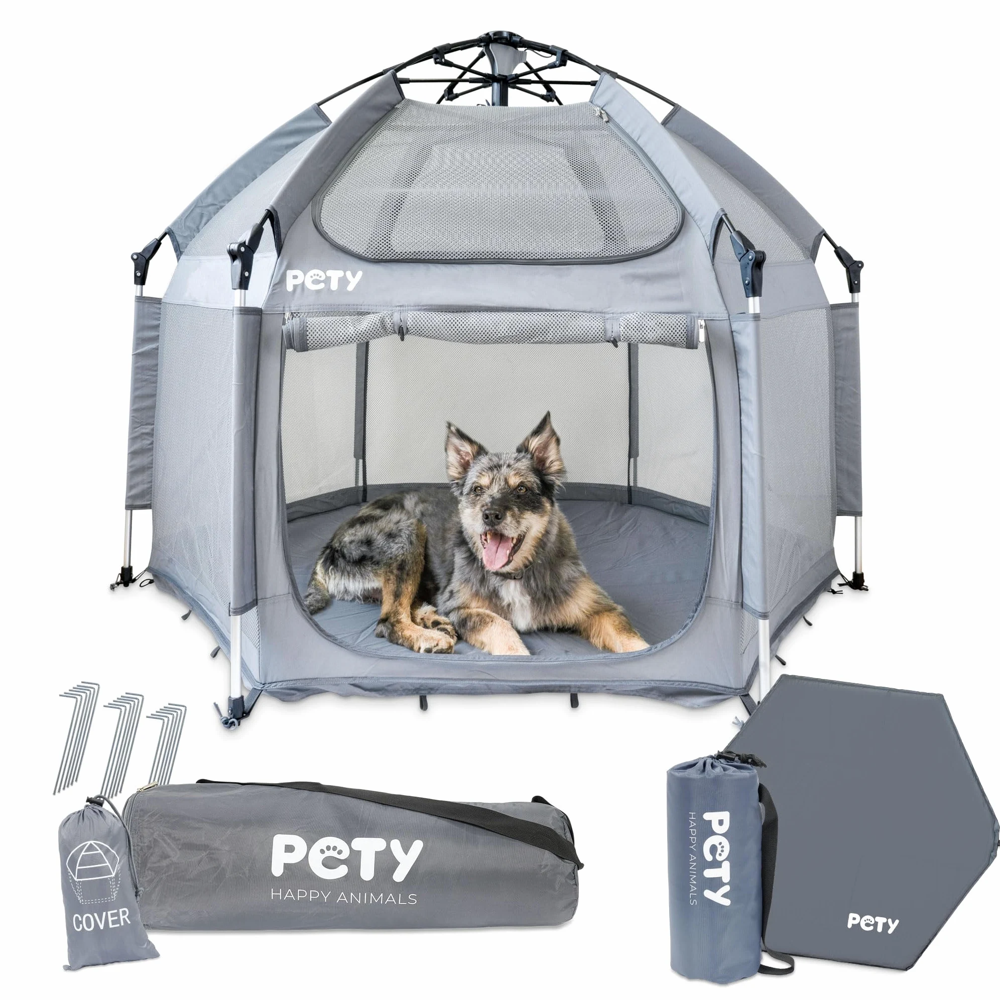 Pety Kojec dla psów 150 x 100 cm z dachem UV i matą podłogową, mobilny namiot z torbą transportową, antracyt