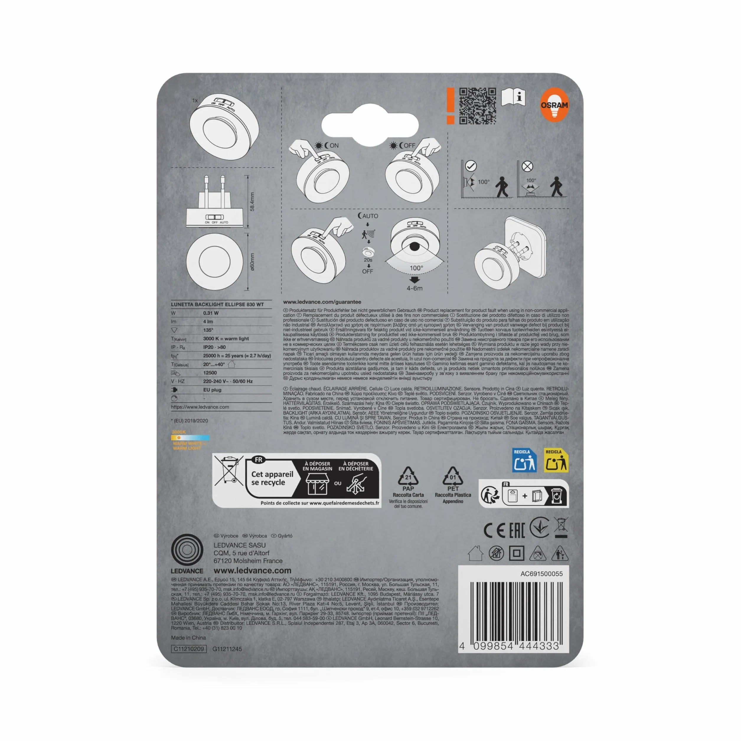 OSRAM Lunetta Backlight Ellipse White, lampa mobilna, 0,31 W, 4 lm, ciepła biel, lampka nocna z czujnikiem ruchu, czujnik dzień/noc, do użytku wewnątrz pomieszczeń
