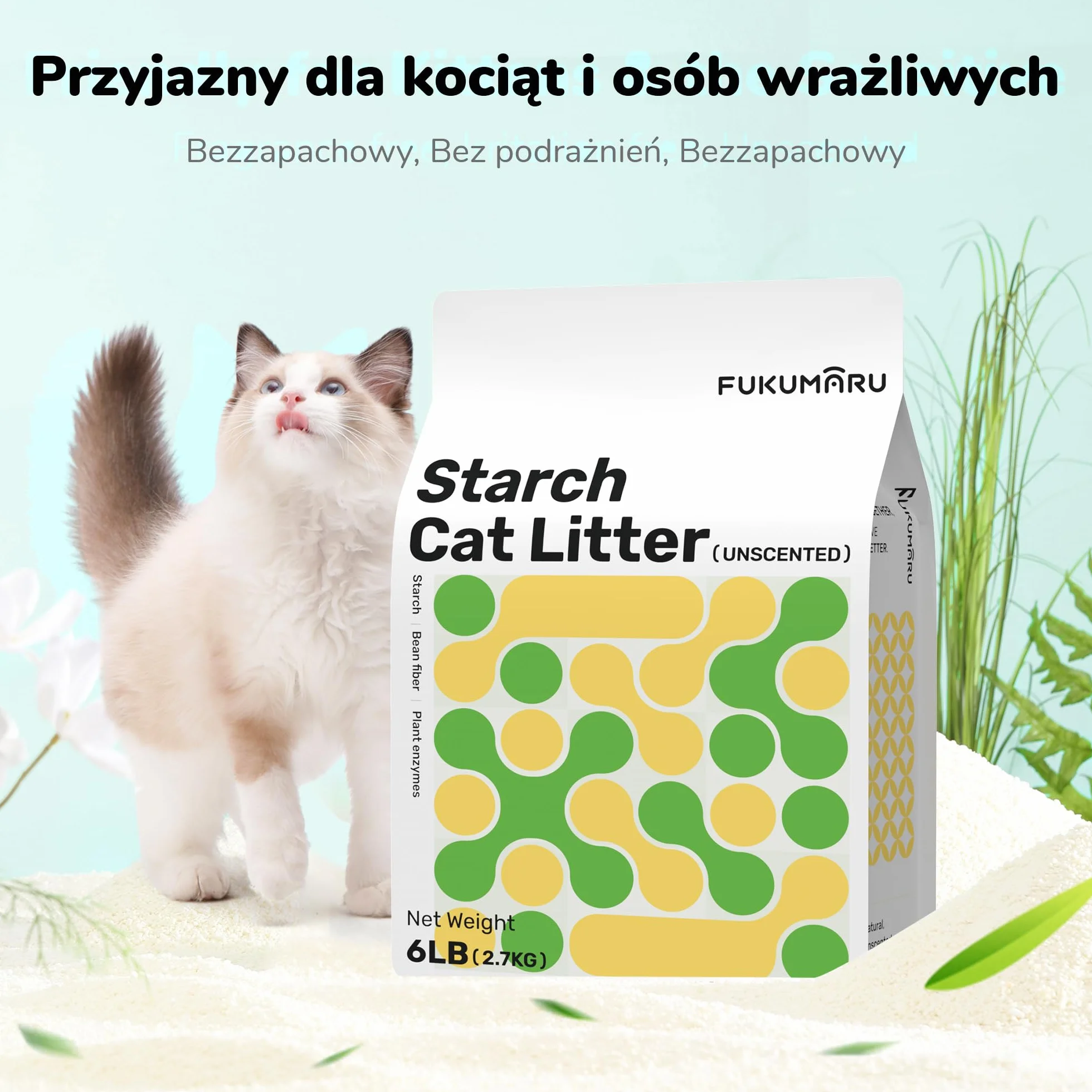 FUKUMARU Cassava Cat Litter, Mocny zbrylający się żwirek dla kota, Naturalne składniki roślinne, Nieprzywierająca baza, Niski poziom pylenia, Kontrola zapachu 24/7, Bezzapachowy, 6lb x 2 worki
