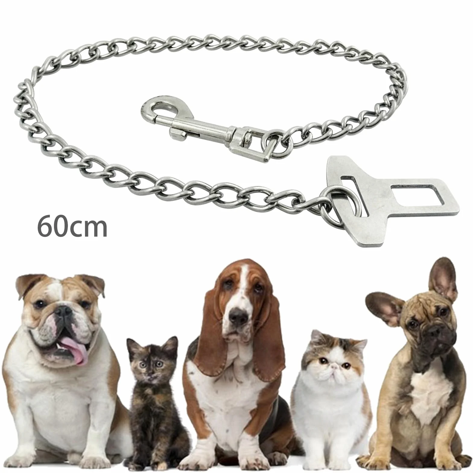 Łańcuch ze stali nierdzewnej 304, odporny na ugryzienia, pas bezpieczeństwa dla psa, 60 cm, dla psów, kotów, zwierząt domowych, do samochodu, smycz bezpieczeństwa