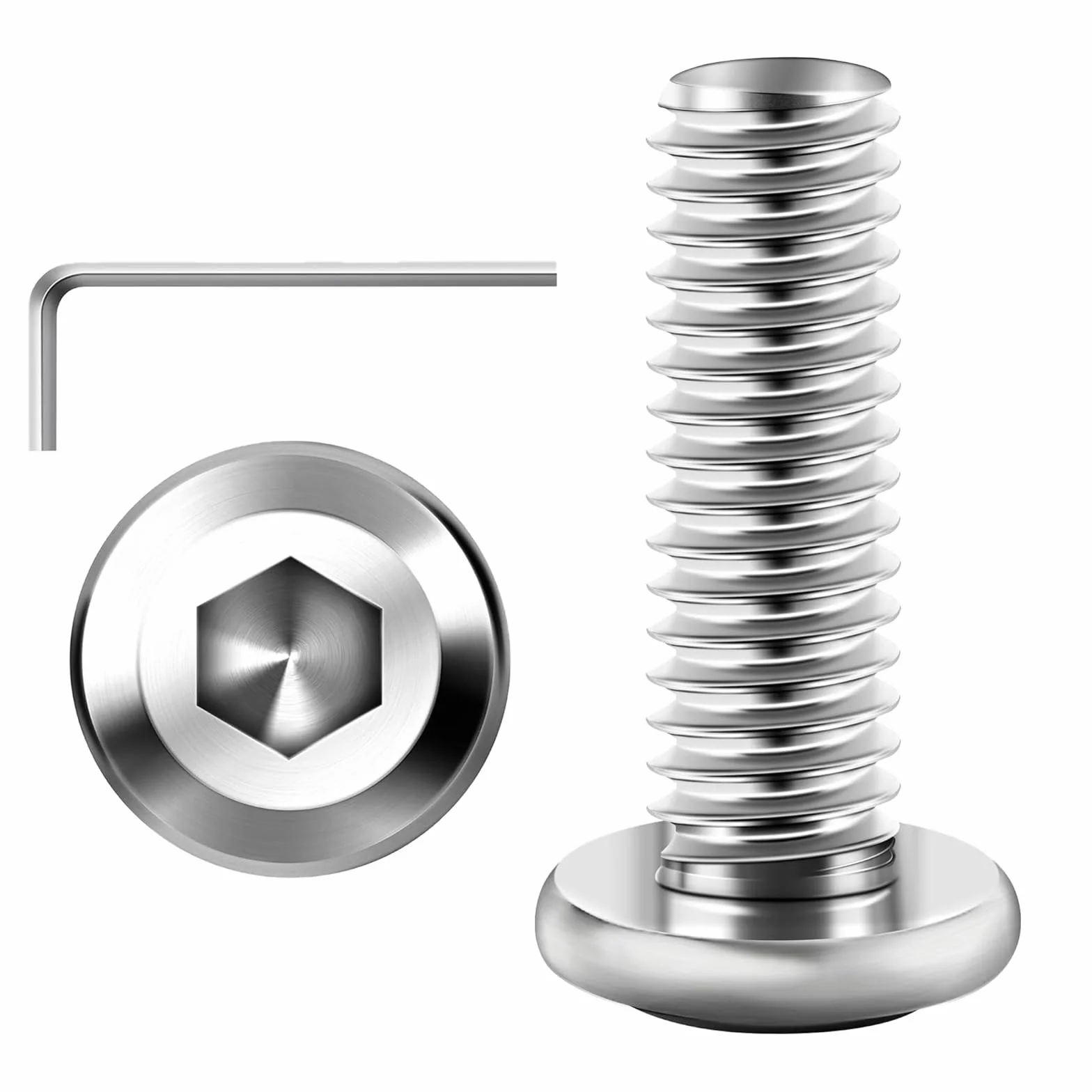 20 sztuk śrub z łbem płaskim M5 x 15 mm, z łbem sześciokątnym, napęd M5, stal nierdzewna, A2, V2A, pełny gwint z kluczem imbusowym
