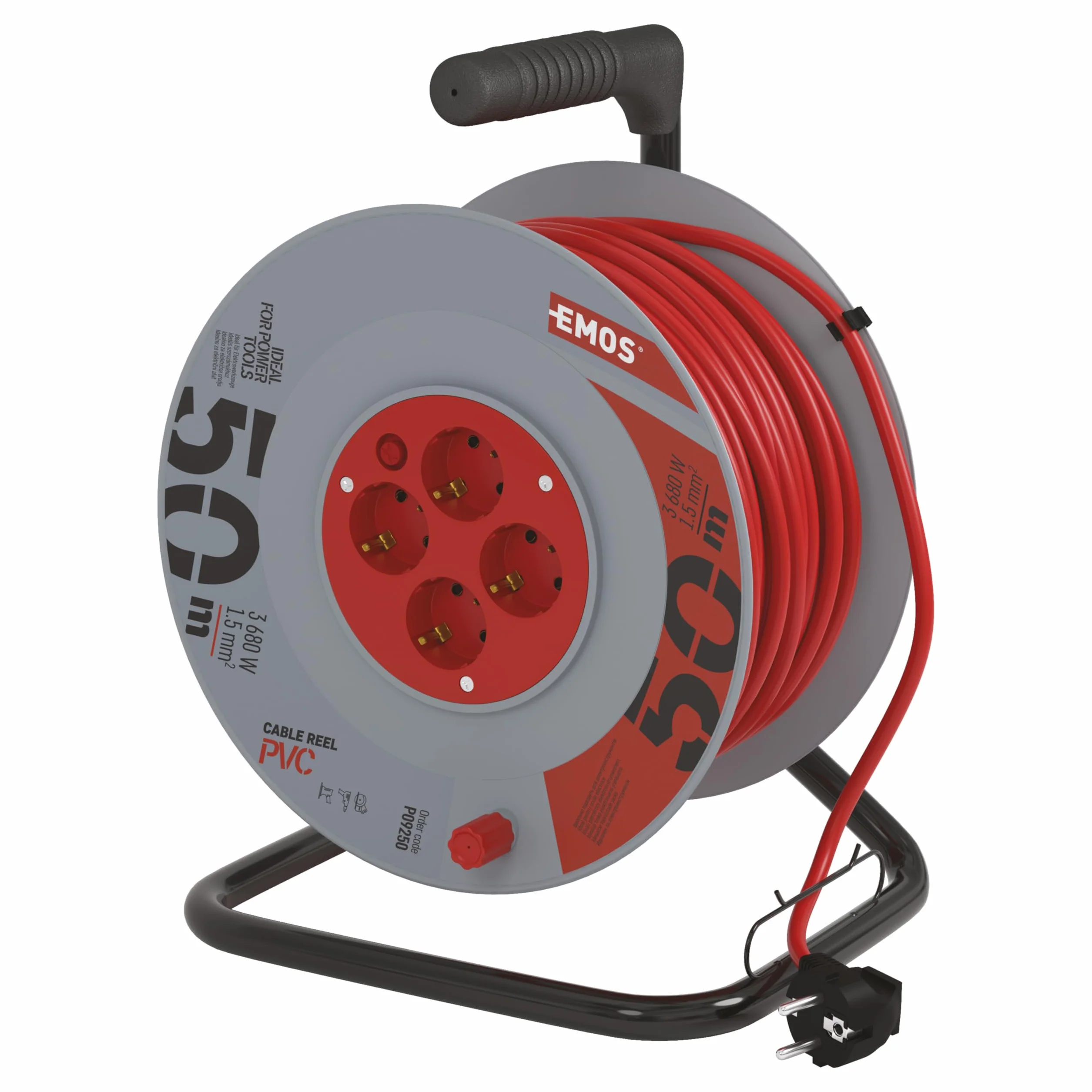EMOS - Bęben kablowy 50 m – 4 gniazda Schuko – 230 V, 16 A, 3680 W – wysokiej jakości izolacja PCW – H05VV-F3G 1,5 mm² – zabezpieczenie przed przegrzaniem – IP20 do użytku wewnątrz pomieszczeń