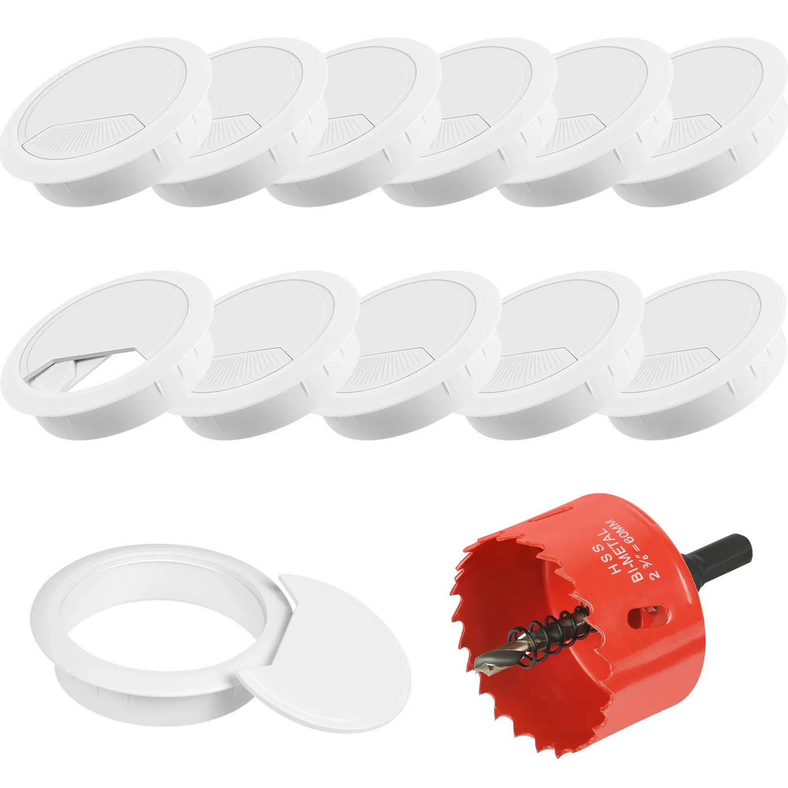 Flintronic 12 sztuk przelotka do kabli z piłą szybową, Ø60mm (2,4 cala) Okrągła przelotka do kabli biurkowych, okrągła osłona otworu kablowego na biurko, przelotka do przewodów komputerowych do