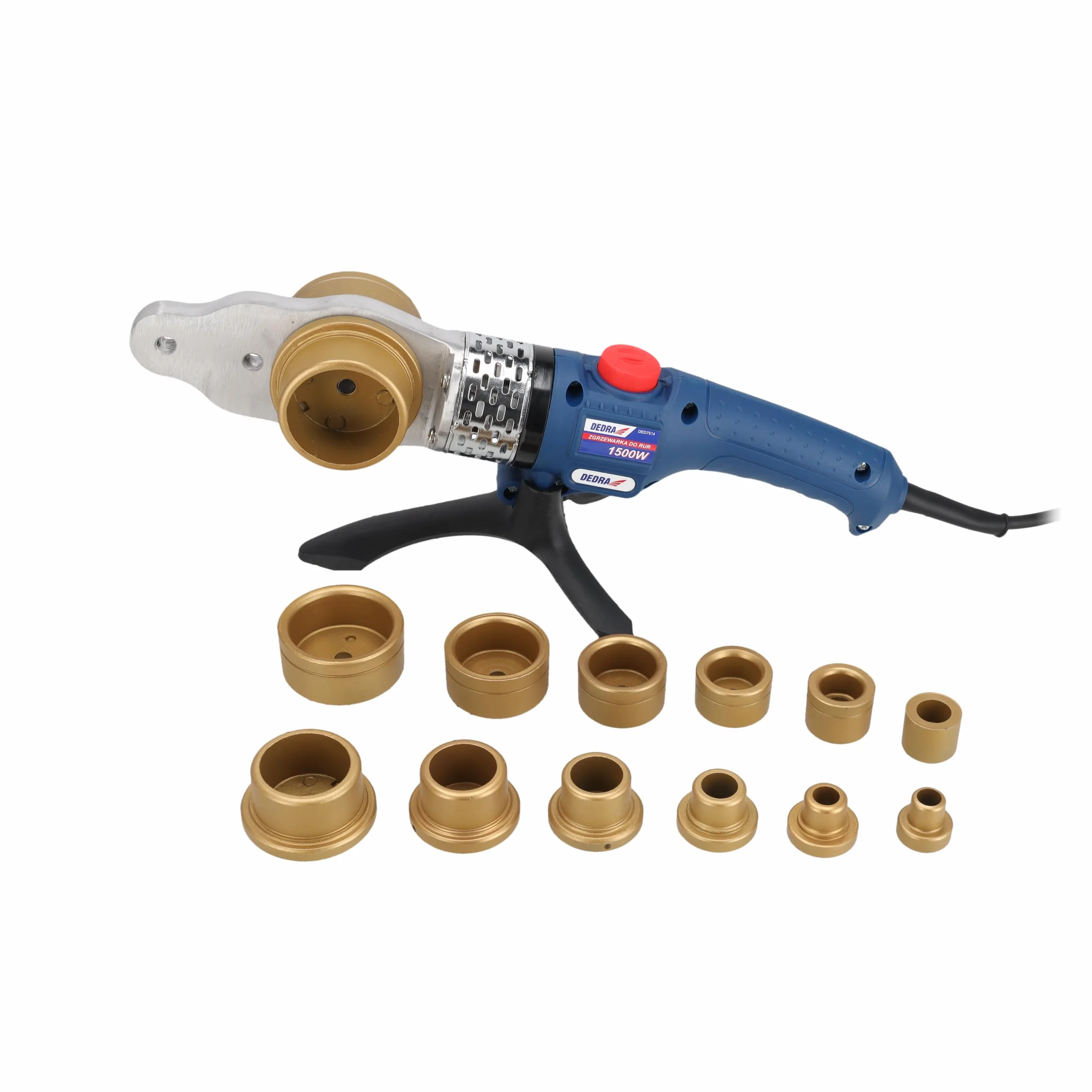 DEDRA DED7514 zgrzewarka mufowa do rur z tworzywa sztucznego, moc 1500 W, walizka metalowa, zakres Ø 16-63 mm, do 300°C, z 7-częściowymi akcesoriami