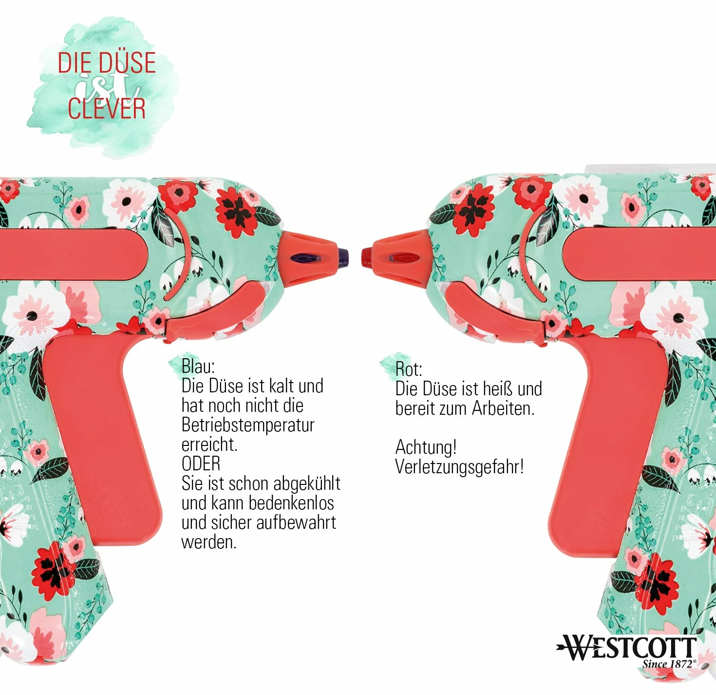 Westcott E-17201 00 Mini pistolet do klejenia z kwiatowym wzorem z 2 turkusowy/czerwony klej