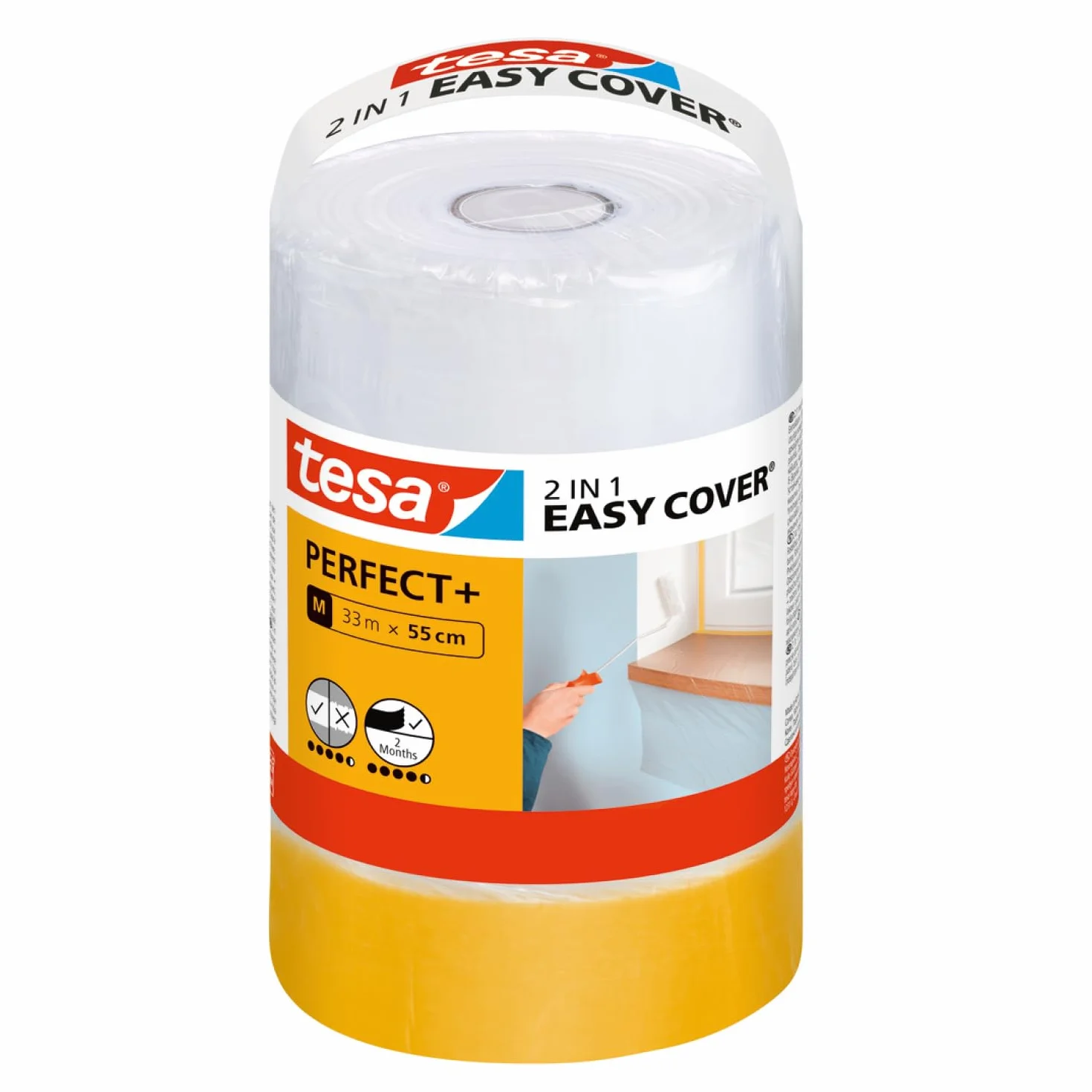 tesa Easy Cover Perfect+ Wkład M - folia malarska 2w1 z taśmą malarską washi - do maskowania i ochrony podczas malowania - 33m x 55cm