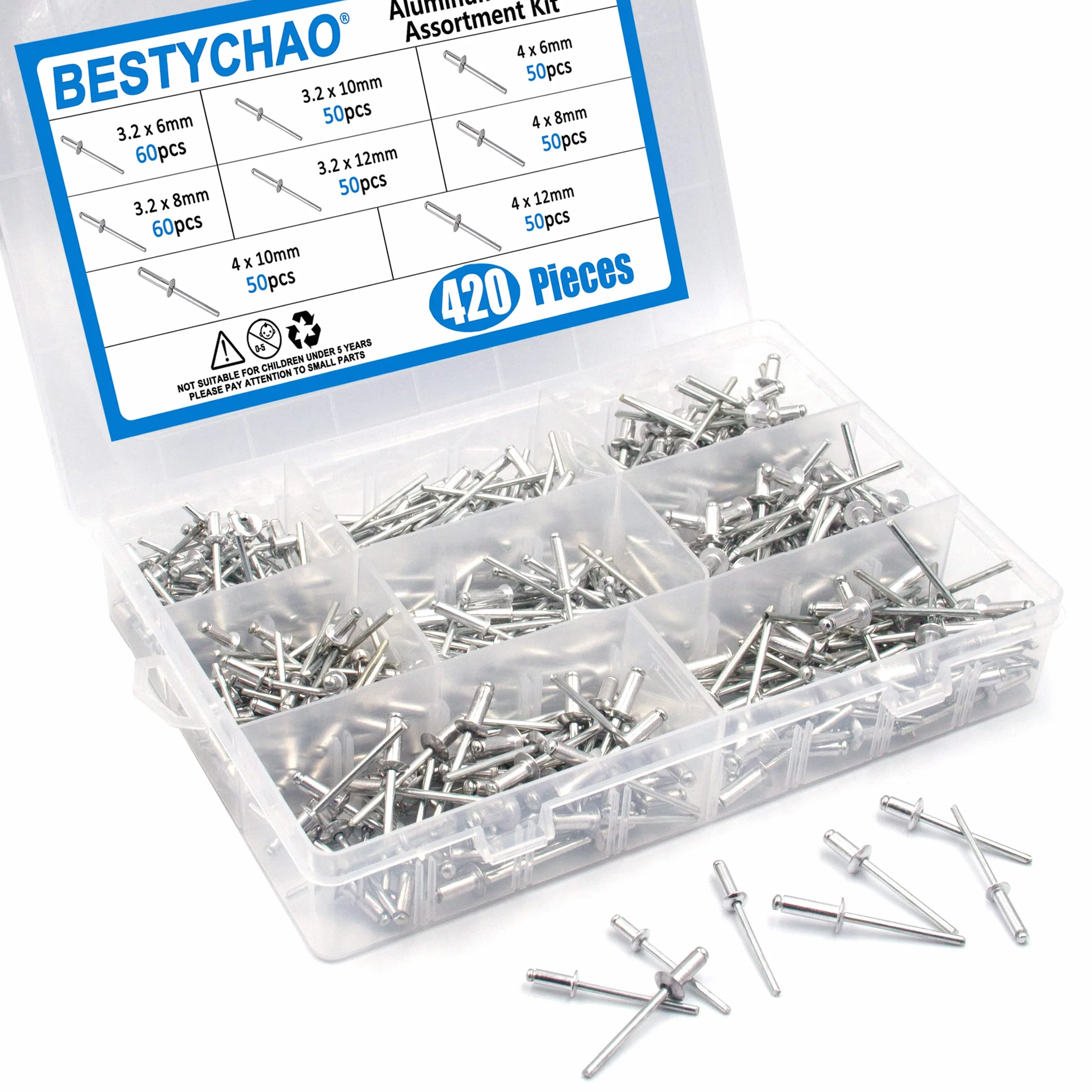 420 szt. 8 rozmiarów aluminiowych nitów ślepych, 3,2 mm 4 mm zestaw asortymentowy nitów pop (srebrny)
