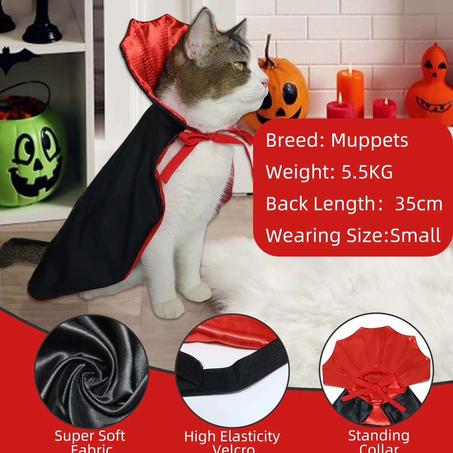 ROSAUI Cape dla Małych Psów i Kotów – Kostium Halloween Czerwony i Czarny z Zbroją na Szyję – Długość 40cm, Regulowany Pasek i Zamek Velcro – Idealny na Halloween, Imprezy i Cosplay (Rozmiar S)