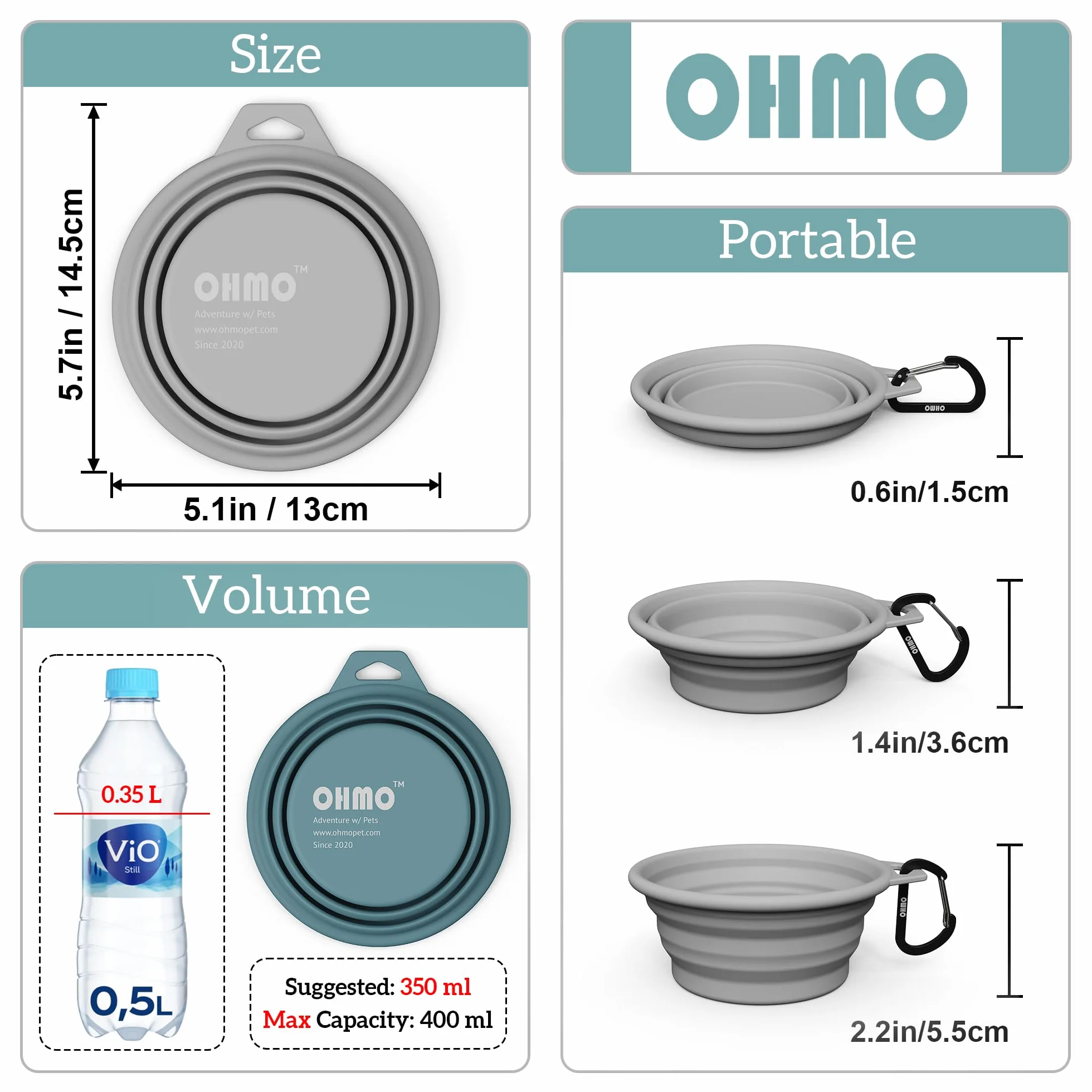OHMO Składana miska dla psa silikonowa 400 ml 2 sztuki jasnoniebieska i popiół