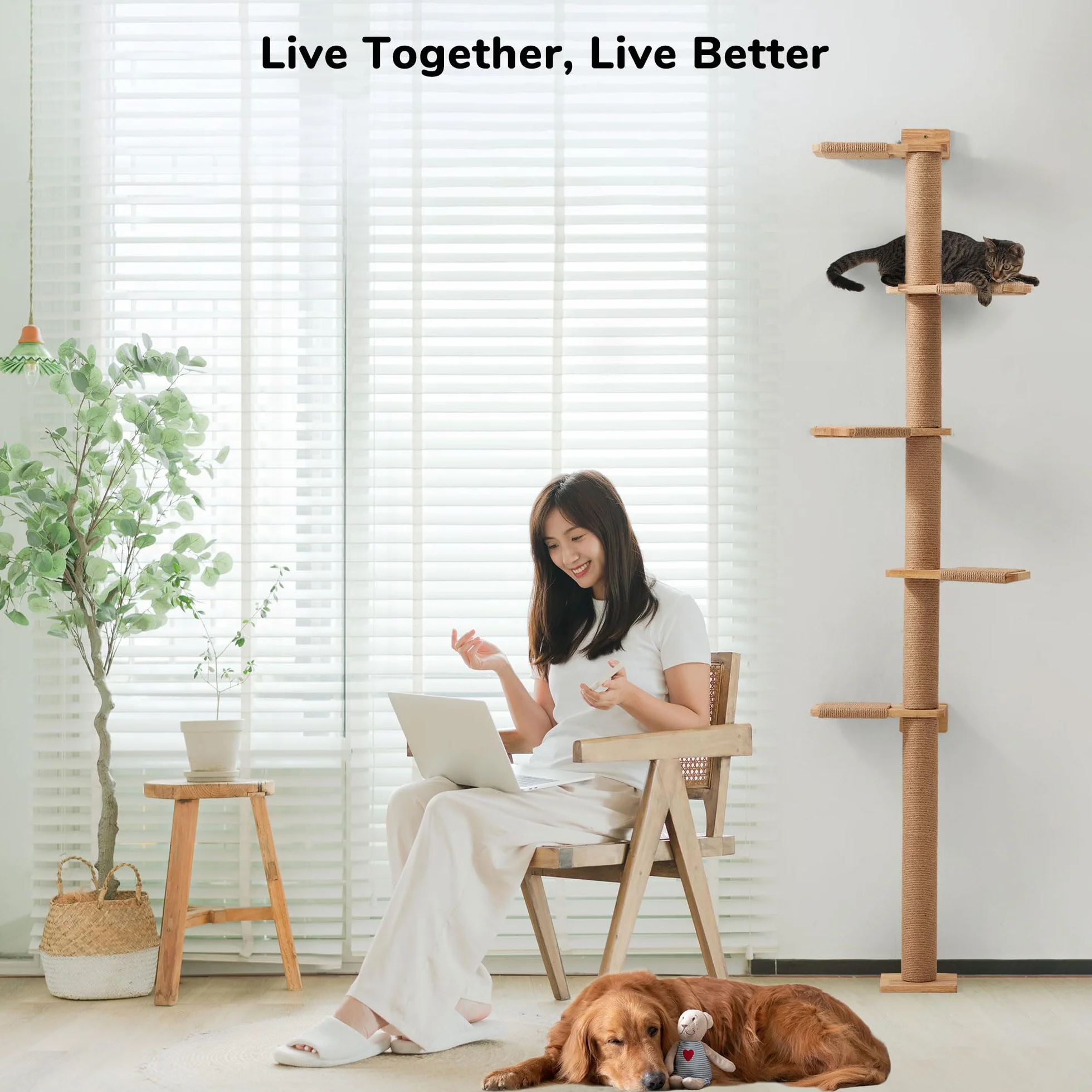 FUKUMARU Tall Cat Tree, 5 Tier Floor to Ceiling Cat Tower, Wall-Mounted Cat Scratching Post, Wild Simulation Cat Wall Shelves, Suitable for Cats Climb, Scratch, Lookout and Play