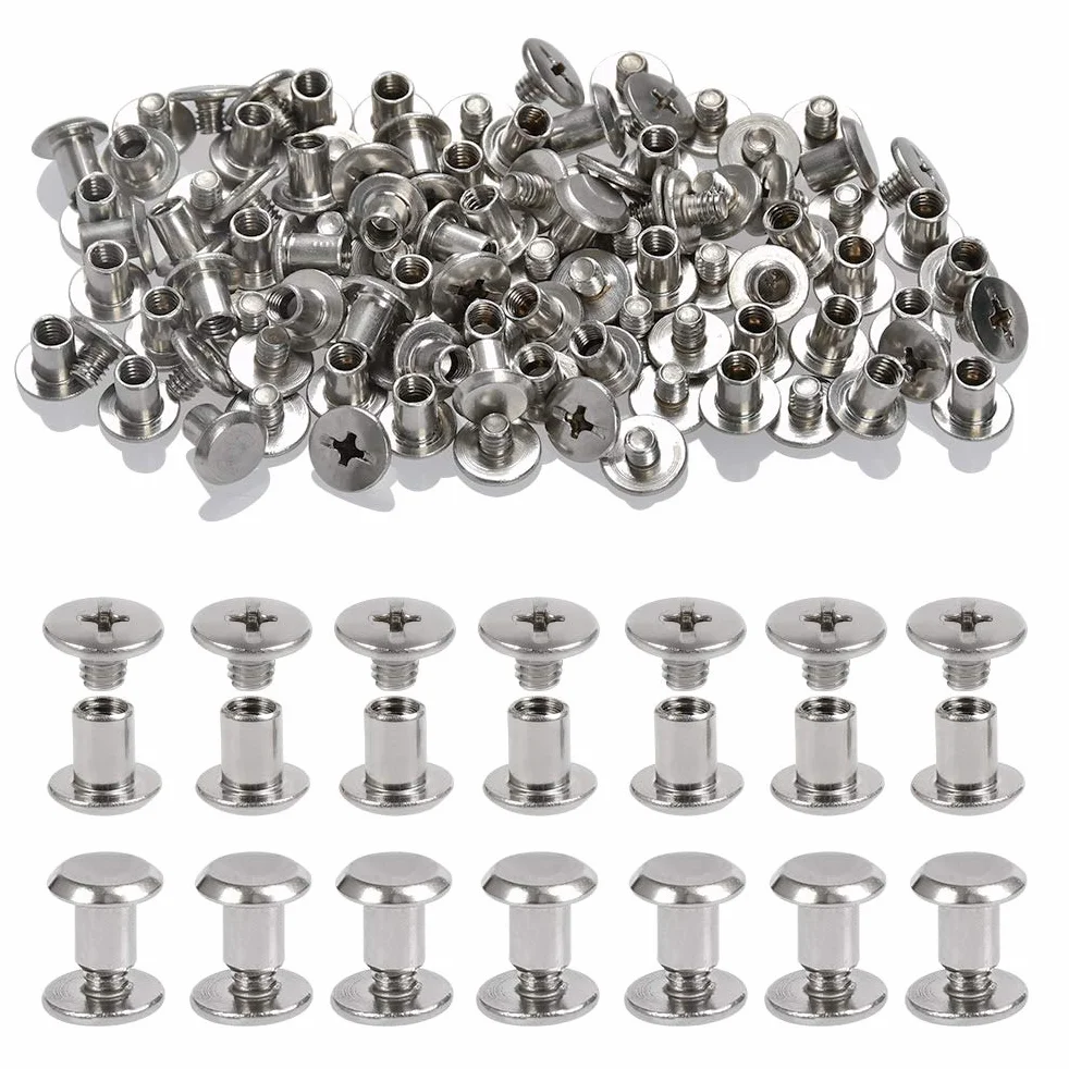 Zestawy śrub Chicago 5 mm 100 szt., TIMESETL Binding Screws Nit z guzikami Chicago Płaskie skórzane nity Chicago, 50 Nitów Chicago, 50 Nitów Chicago+50 zakrętek, niklowana książka, 5 x 6 mm
