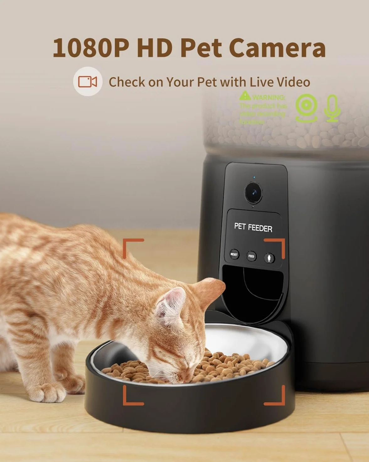 PUPPY KITTY Automatyczny dozownik karmy dla kota z kamerą 1080P, 2,4 G WiFi z aplikacją audio, noktowizor Miska ze stali nierdzewnej, 1–8 posiłków dziennie
