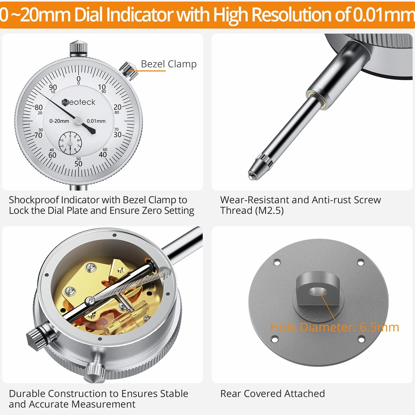 Neoteck 0-20 mm Rozdzielczość 0,01 mm Mechaniczny komparator piły stołowej z anodowanym prętem aluminiowym, mocowanie na trzech suwakach, mechaniczna tarcza wskaźnika do pił stołowych