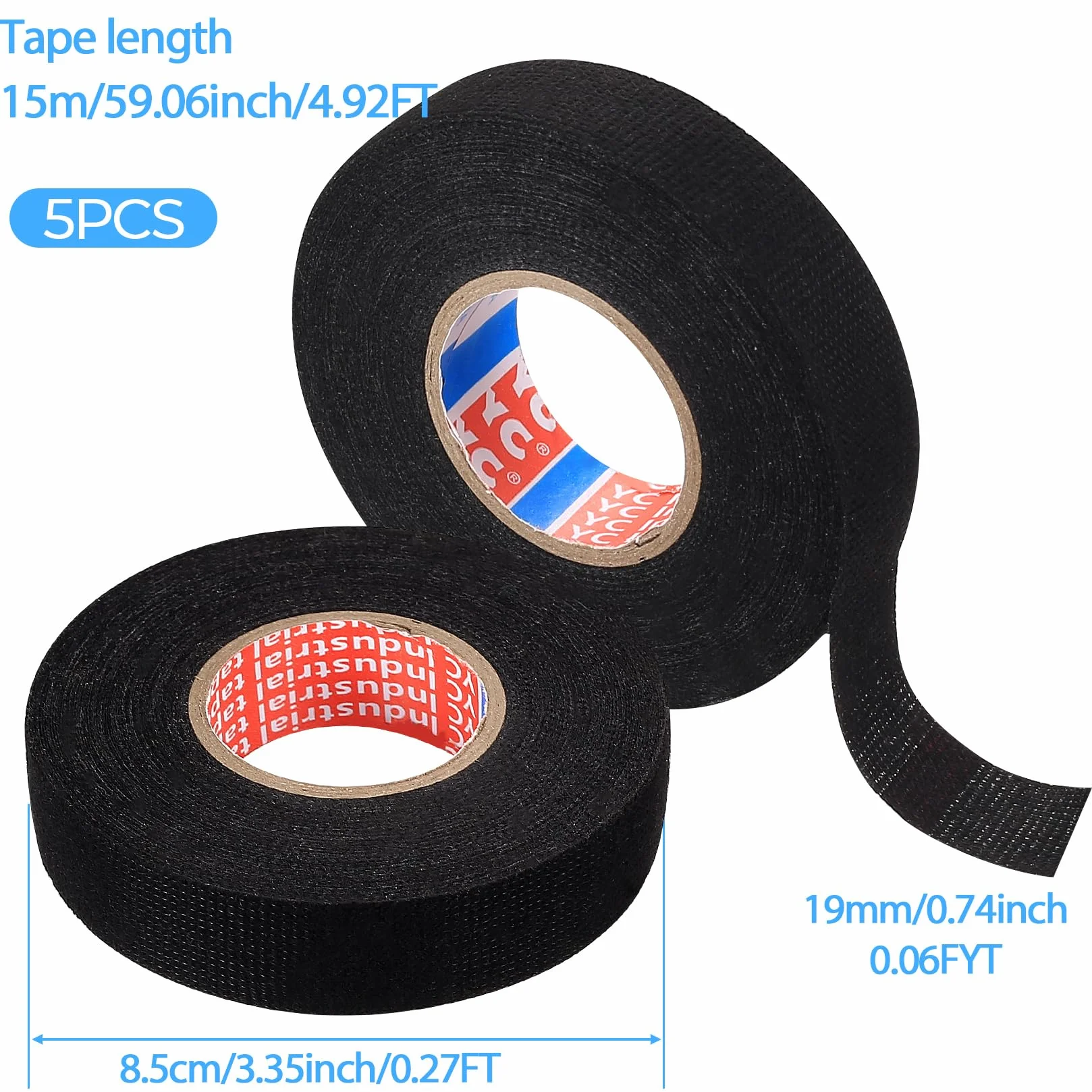 5 sztuk taśm z tkaniny, czarna, 19 mm x 15 m, samoprzylepna taśma klejąca, wiązka kabli, taśma filcowa, taśma pancerna, wiązka kabli, dla elektryków, do samochodów, motocykli, elektrycznych, 5 sztuk