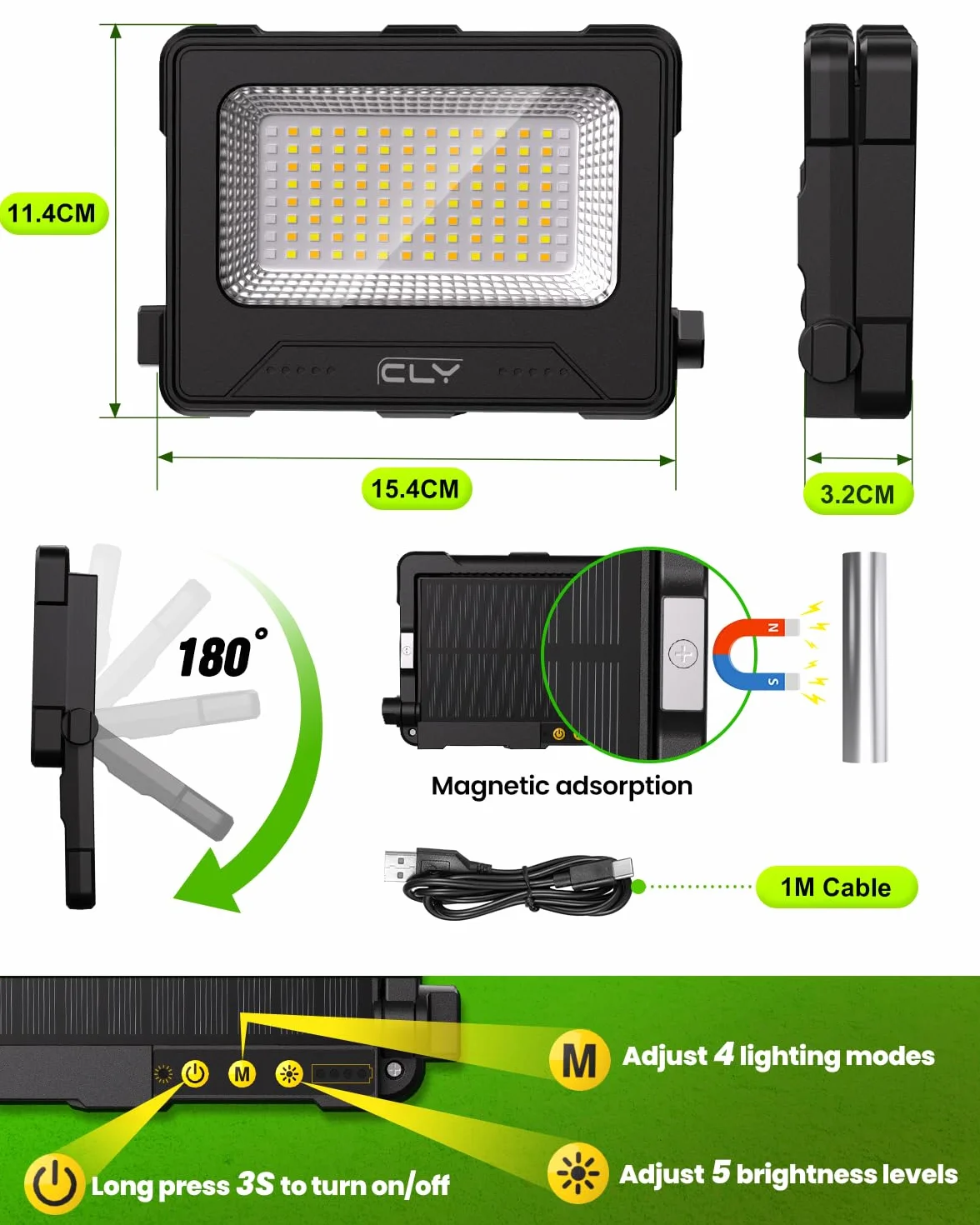 CLV 100W LED reflektor budowlany 12000MAH z akumulatorem LED, lampa robocza, reflektor 4 tryby świecenia, lampa kempingowa przenośna, 5 poziomów jasności, ładowana słonecznie, USB, lampa akumulatorowa