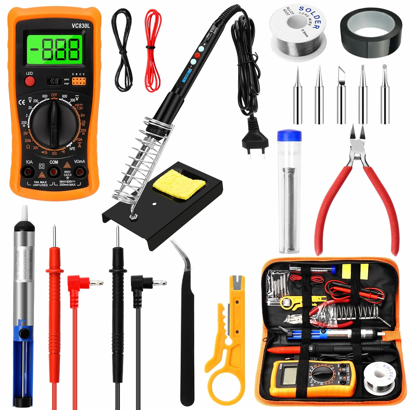 Zestaw do lutowania, 19 szt., zestaw do lutowania elektroniki LCD, regulowana temperatura 180-500°C, lutownica z multimetrem cyfrowym, 5 grotów lutowniczych, stojak do lutownicy, zestaw do