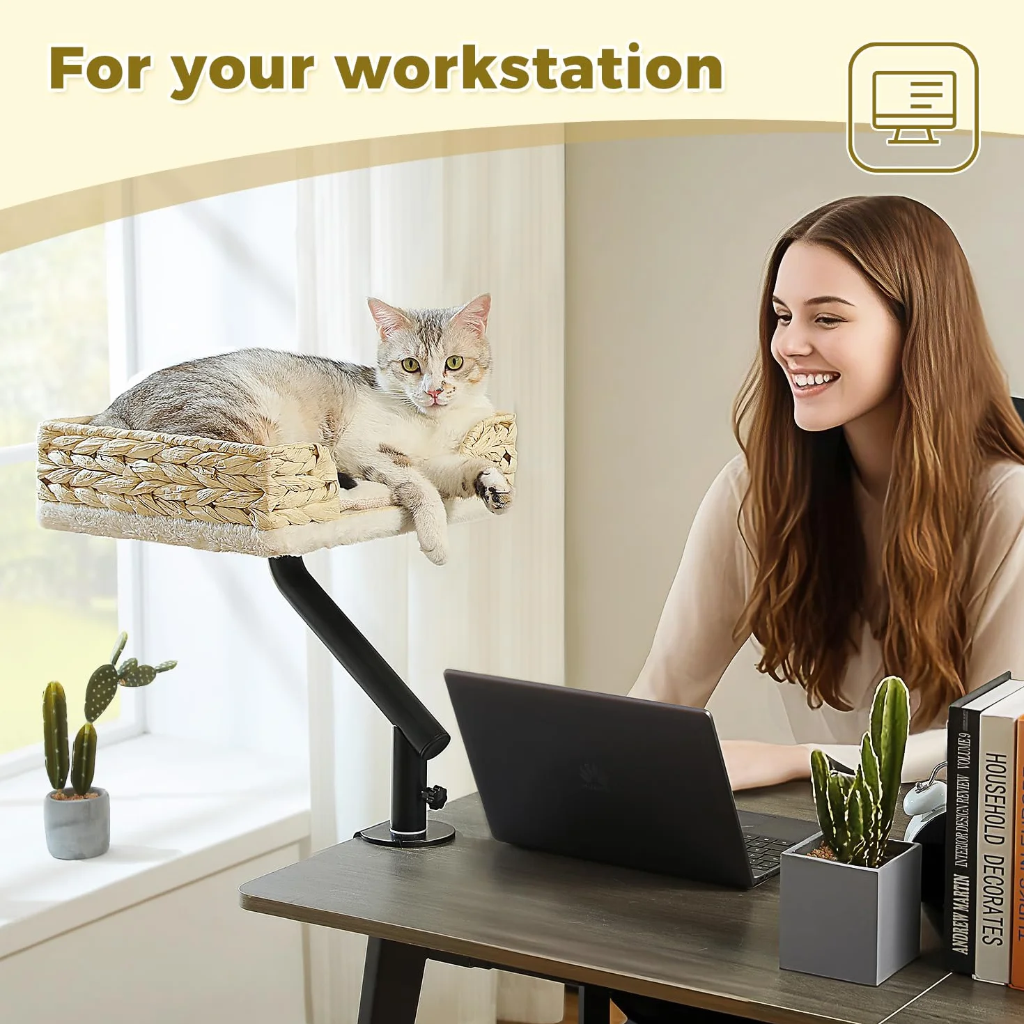 PAWZ Road Biurko dla kotów z wiklinowym legowiskiem, hamak, obrót 360°, regulowany, obciążenie 22,7 kg, białe