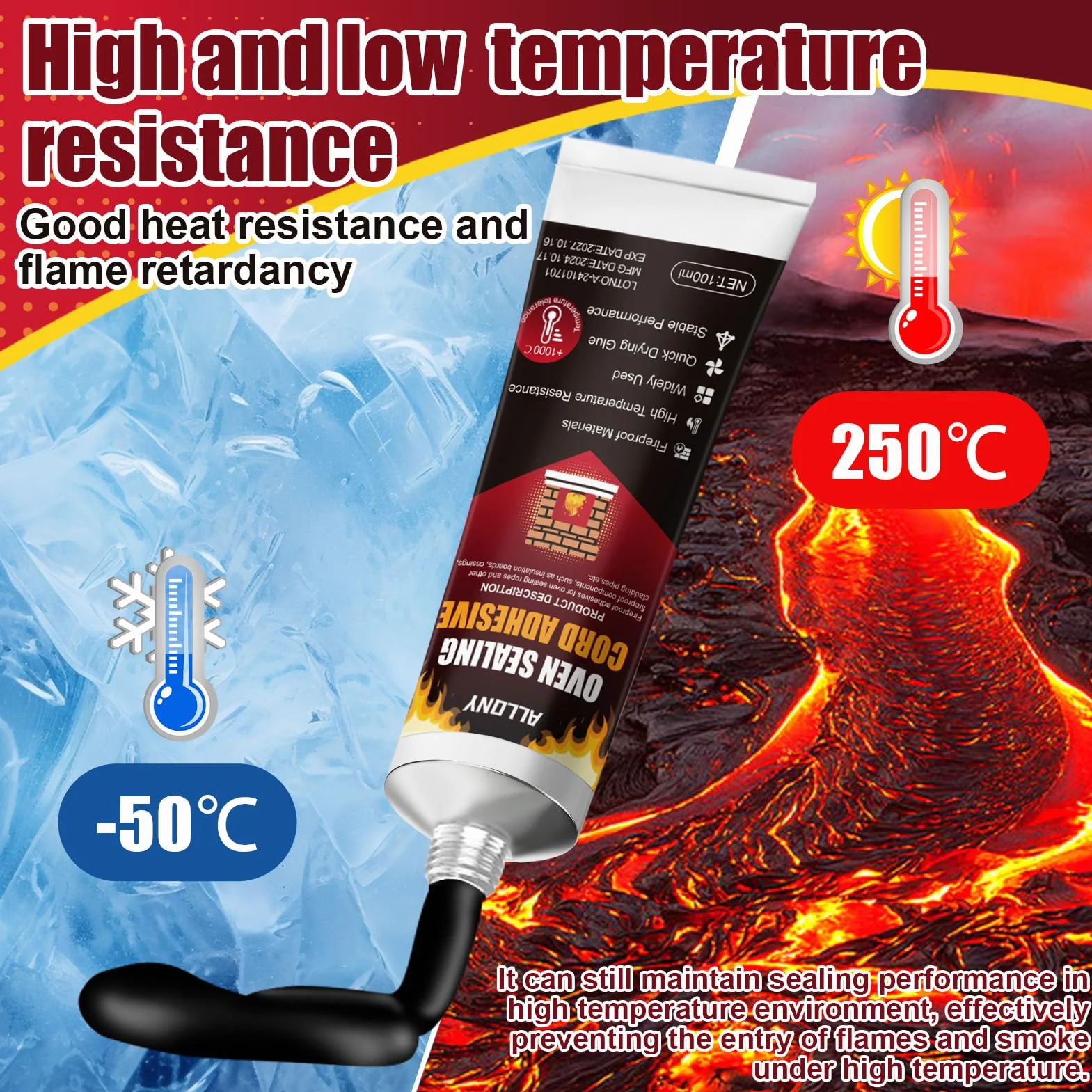 ALLONY Szpachlówka ogniotrwała 100 ml, klej o wysokiej temperaturze, silikon o wysokiej temperaturze, wytrzymuje do 1000°C, ogniotrwały do kuchenek, kominków, pieców, kotłów grzewczych