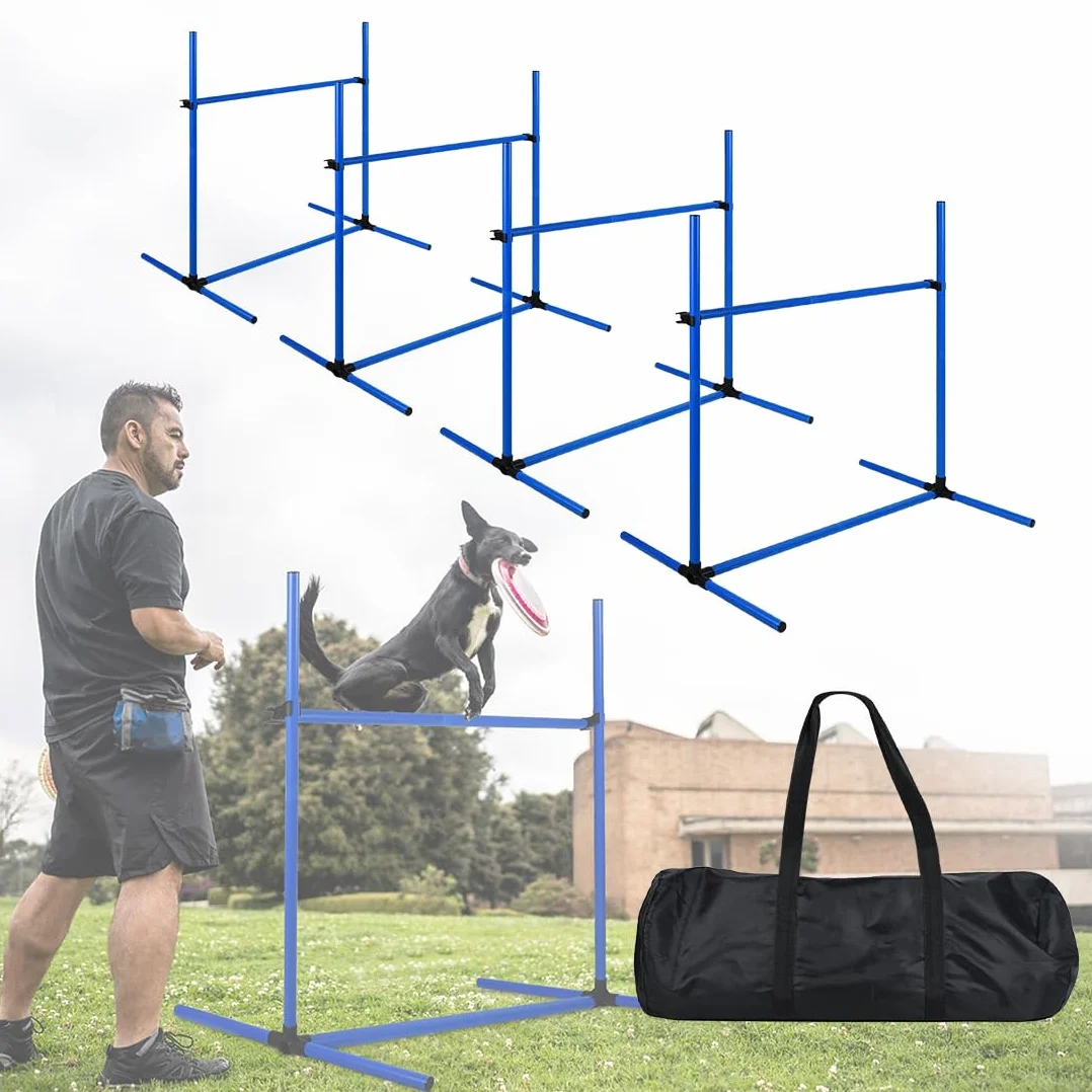 NAIZY Zestaw 4 płotków Agility Slalom dla zwierząt domowych, z regulacją wysokości, zestaw drążków treningowych dla psów, kotów, trening warunkowy, siła skoku, ruchliwość – niebieski