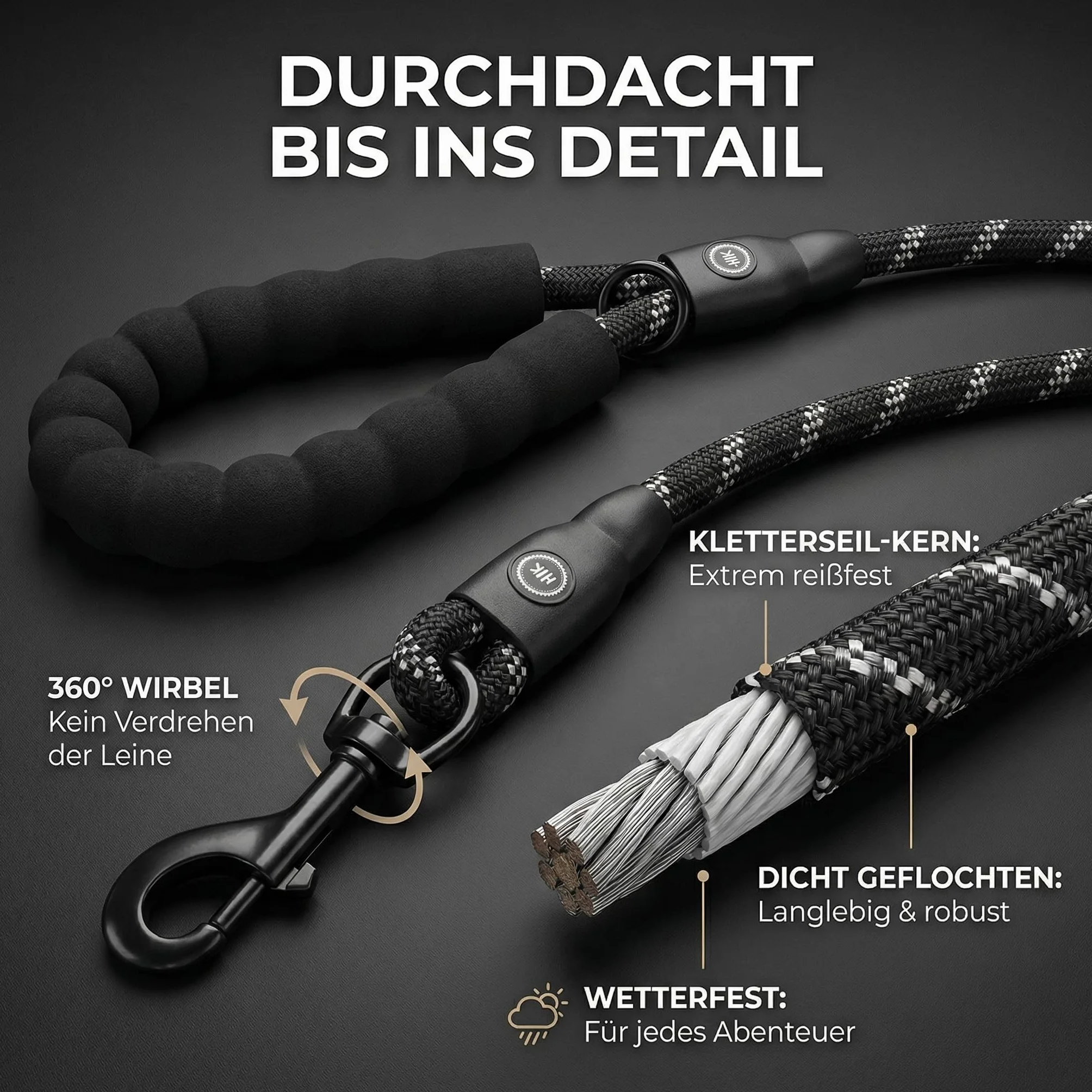 HUND IST KÖNIG Smycz dla psa, na spacery i treningu, z miękkim uchwytem i elementami odblaskowymi, idealna smycz do noszenia na co dzień dla psów o wadze 10-25 kg (True Black, 3,0 x 1,2 cm)