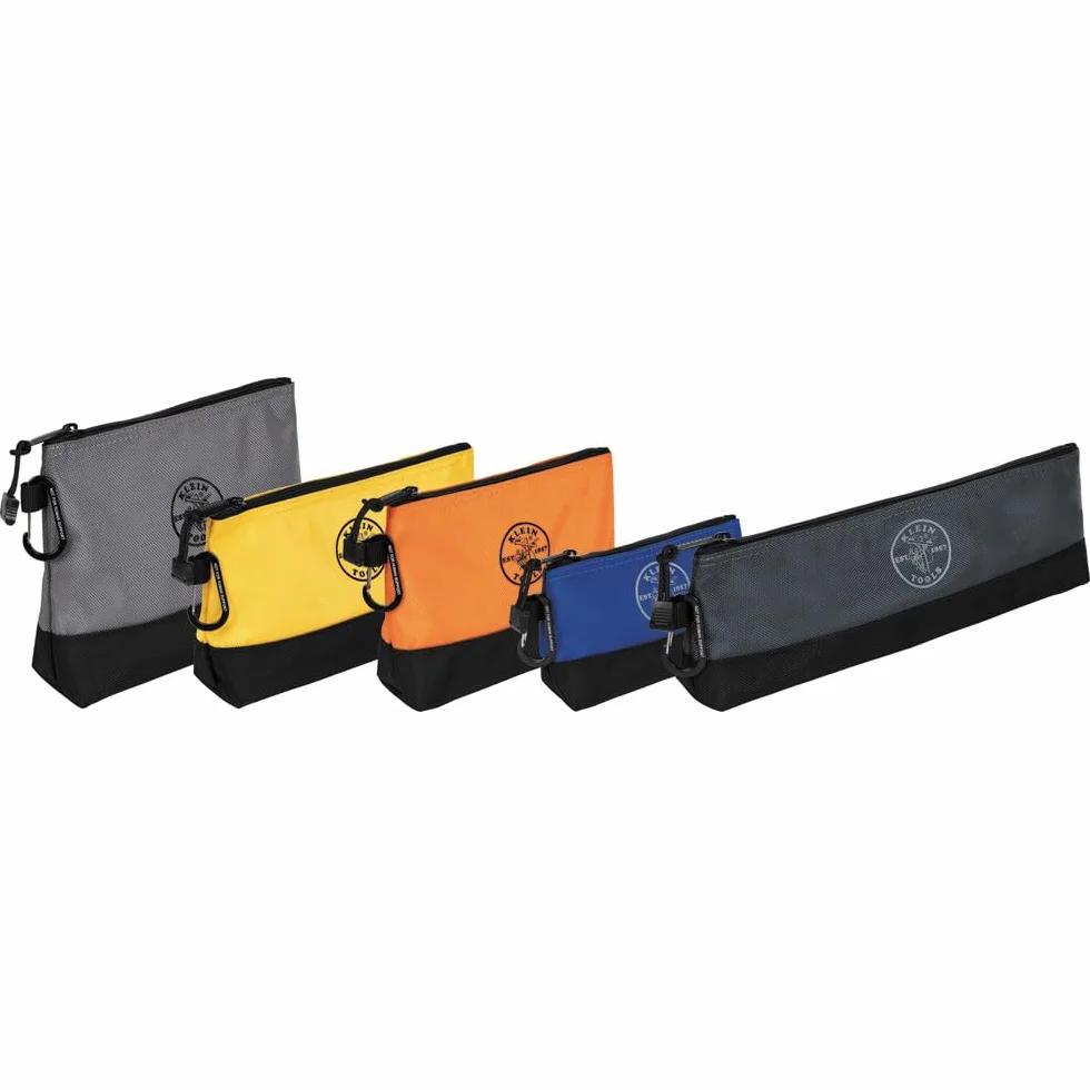 Klein Tools 55569 stojąca torba na narzędzia z zamkiem błyskawicznym z karabińczykami, wzmocnione dno klinowe, wodoodporna 1680d, wiele rozmiarów, 5-pak