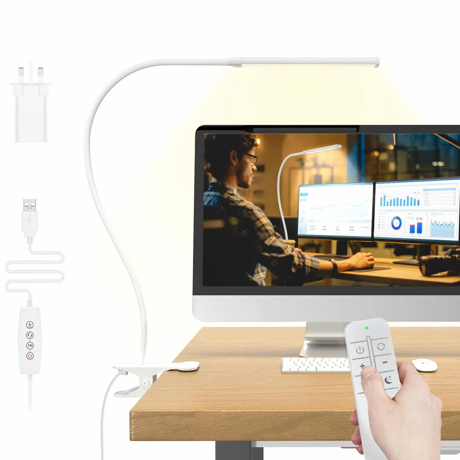 Mojimdo Lampka biurkowa 77 LED z pilotem [Imponująca moc świetlna] 70CM Lampka zaciskowa, 3 kolory & 10 poziomów jasności, 360° Elastyczna z ładowarką USB