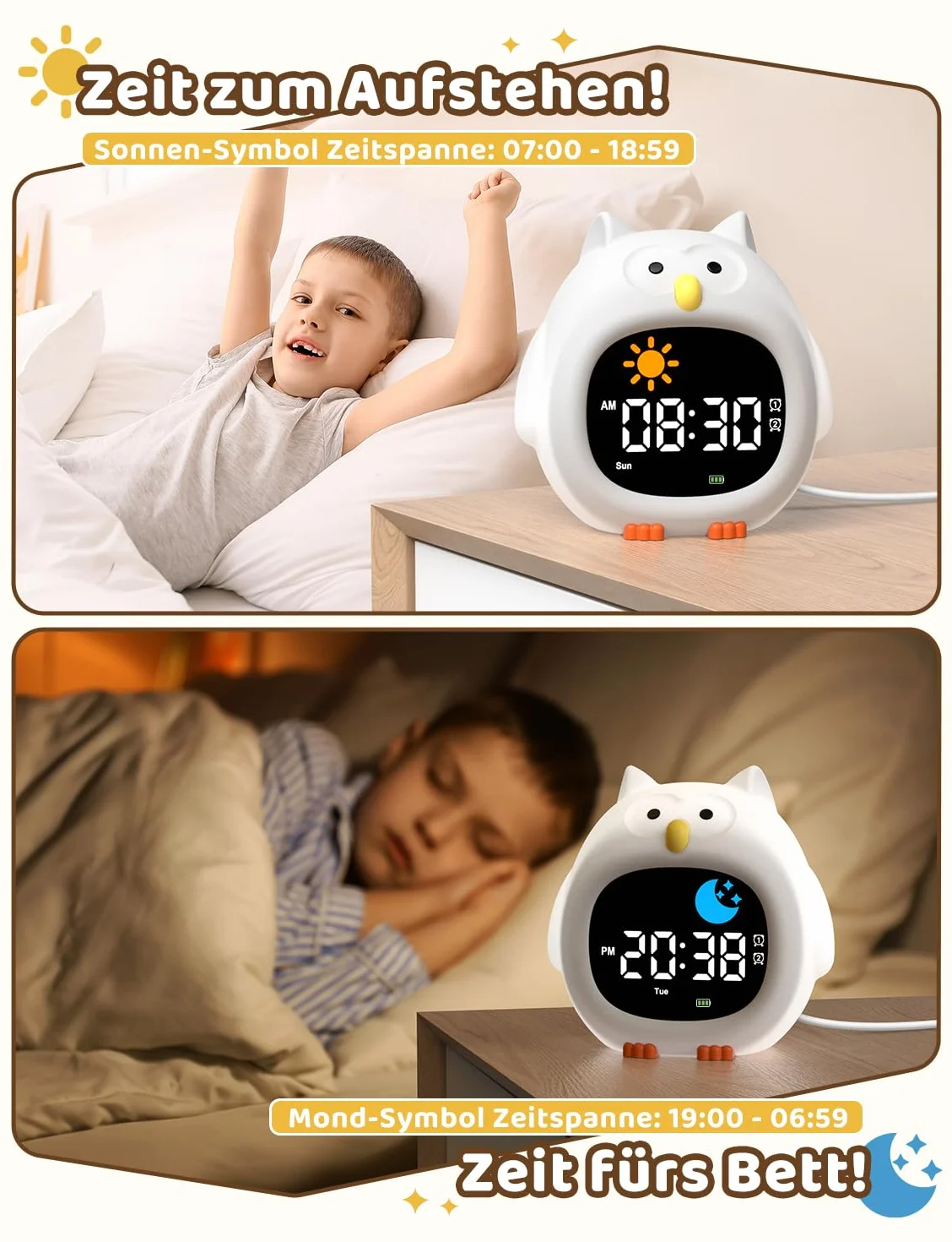 Yissvic Budzik dla dzieci dla początkujących w szkole, dla chłopców z lampką nocną RGB, budzik edukacyjny, 2 alarmy, tryb weekendowy, drzemka 10, biała sowa, styl