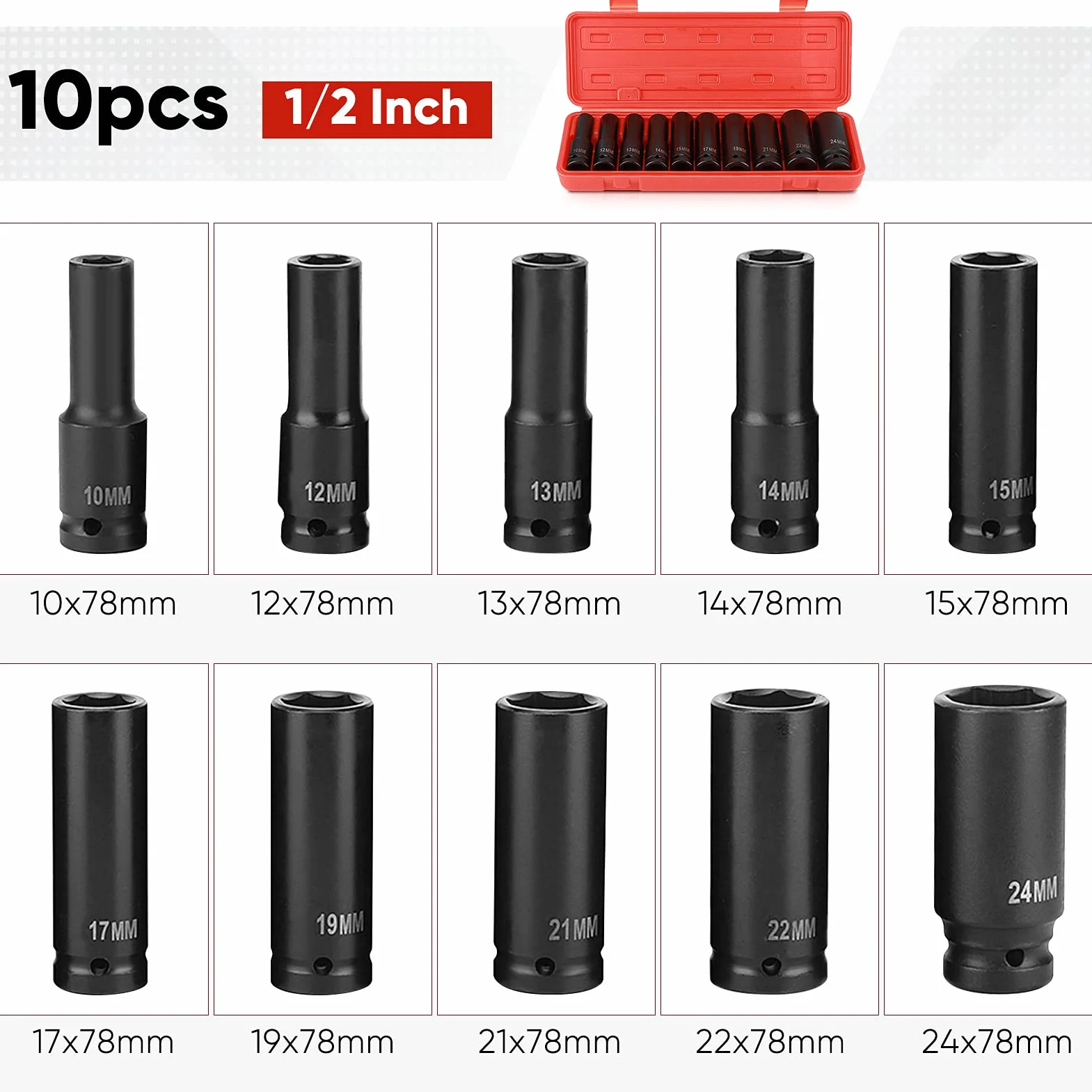 Zestaw 10 Głębokich Nasadek Udarowych 1/2" 6-Punktowych Metryczne 10-24mm z Adapterem i Etui Profesjonalne Klucze Pneumatyczne Do Samochodów i Warsztatów