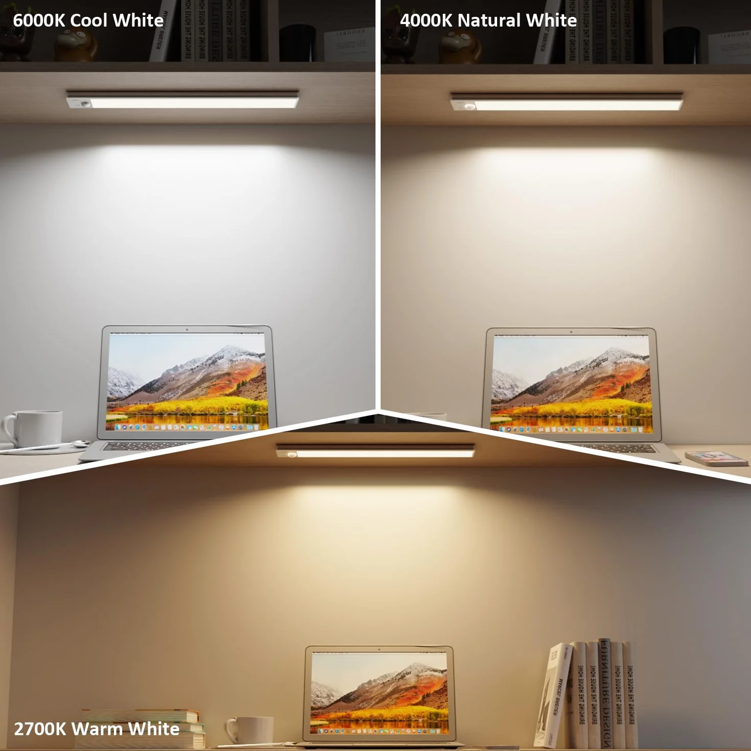 GLUROO Oświetlenie LED Pod Szafkę z Czujnikiem Ruchu, 30 cm, 3 Kolory, USB-C, Ściemnianie, 2 szt