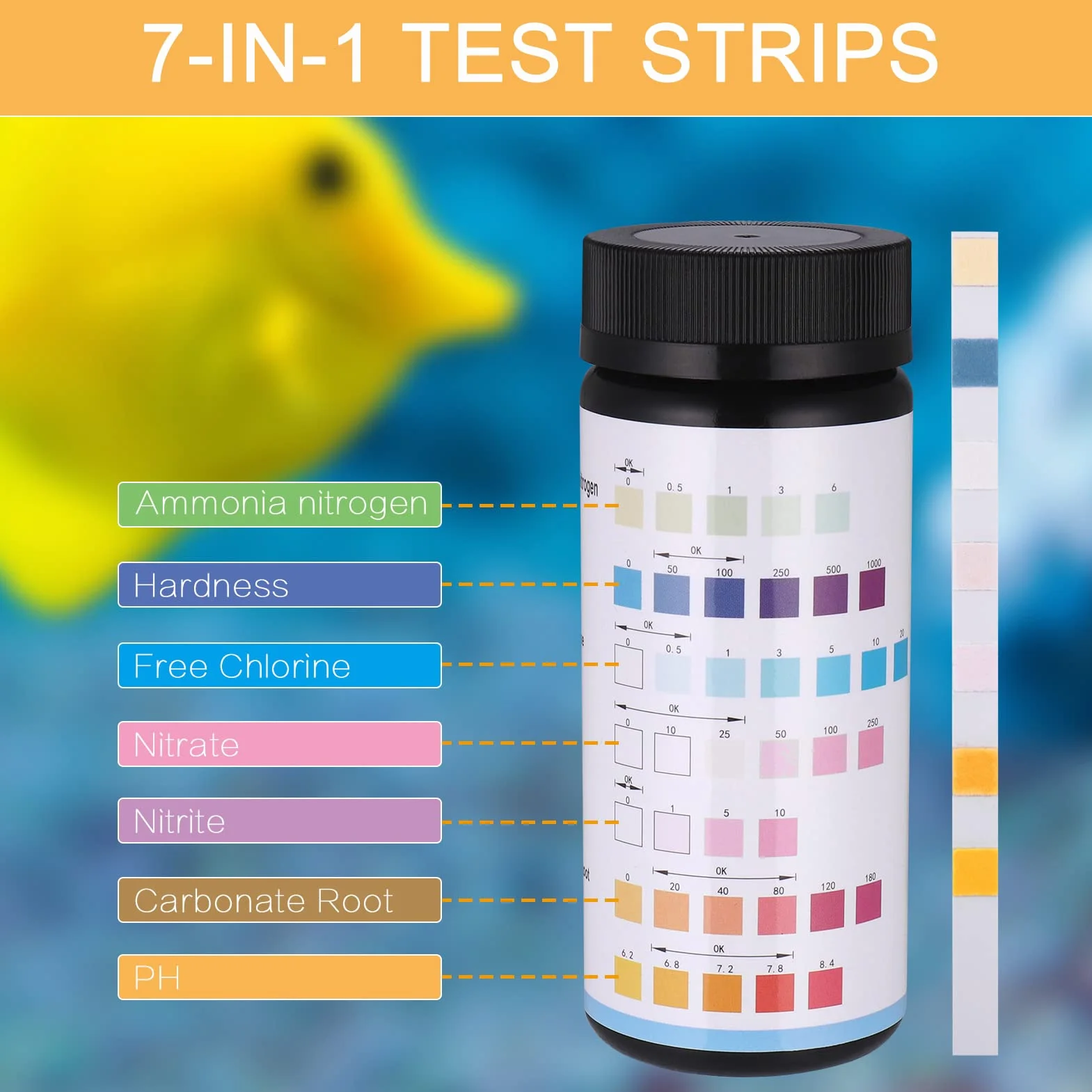 150 sztuk pasków testowych do akwariów, 7 w 1, do basenu, do akwarium, do wody pitnej, szybki test pH wody, zestaw testowy do amoniaku, azotu, PH, azotynu, twardości, wolnego chloru, azotanu, korzenia węglanu