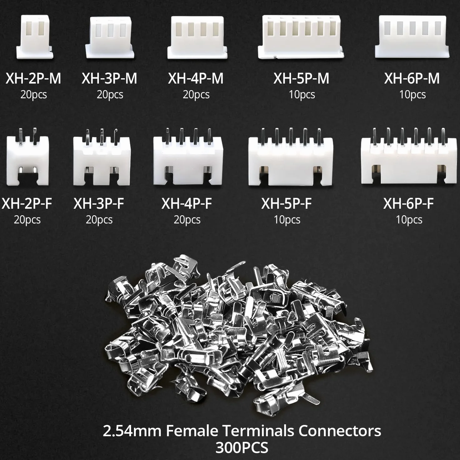 QWORK Zestaw złączy JST-XH 460 sztuk, 2,54 mm, 2/3/4/5/6 pinów męskich/żeńskich z zaciskanymi zaciskami, do zastosowań elektronicznych i LED