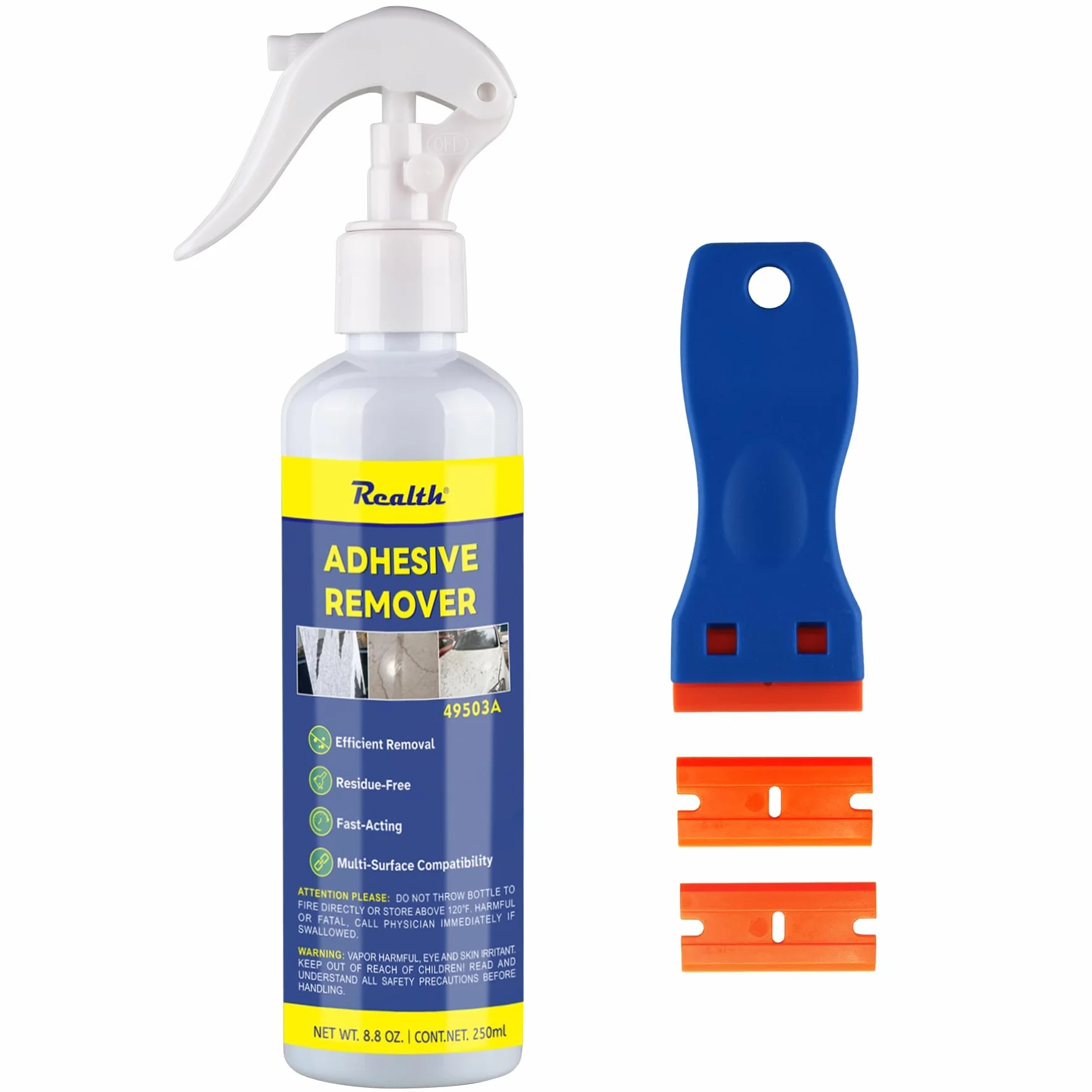 Realth Usuwanie naklejek | 250 ml z ostrzami z tworzywa sztucznego | Spray do usuwania naklejek i kleju, szybkie usuwanie bez pozostałości, do etykiet na taśmie klejącej, pozostałości kleju