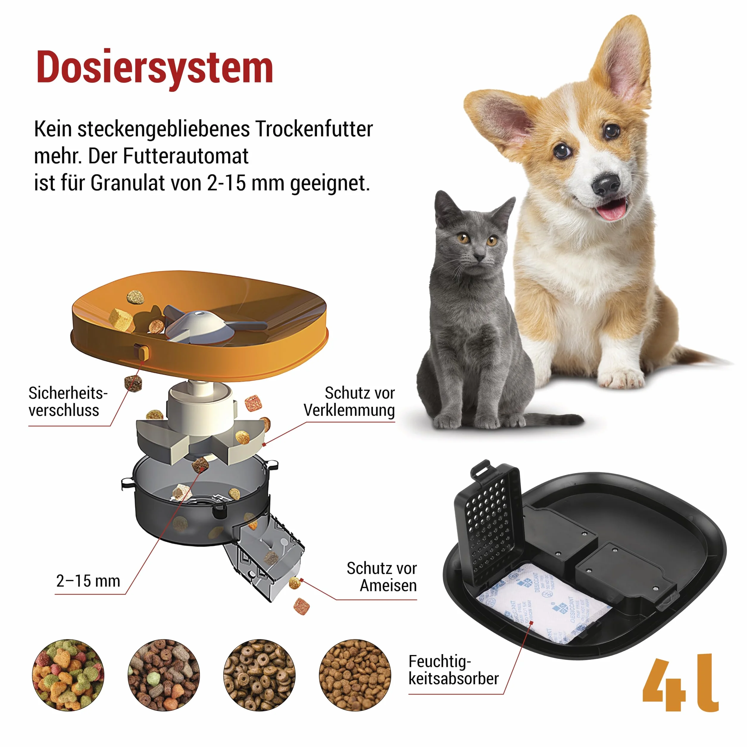 EMOS - GoSmart automat do karmy 4 l – WLAN Pet Care dozownik karmy z aplikacją – automat do suchej karmy dla kotów i psów z harmonogramem, nagrywanie głosu, dozowanie 1-10 posiłków dziennie - czarny