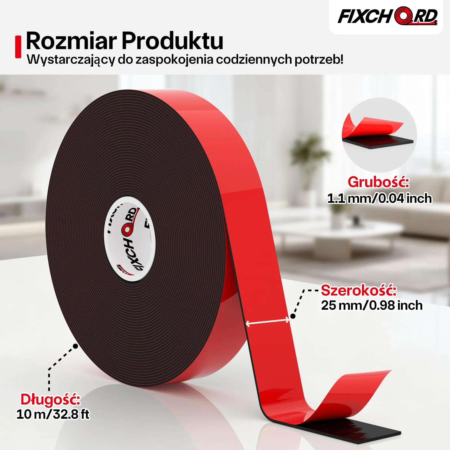 Taśma Dwustronna Heavy Duty, 10m×25mm Bardzo Mocna Taśma Samoprzylepna, Wodoodporna Taśma Montażowa, Dwustronna Akrylowa Taśma Piankowa do Samochodu, Pasków LED, Dekoracji Domu i Biura