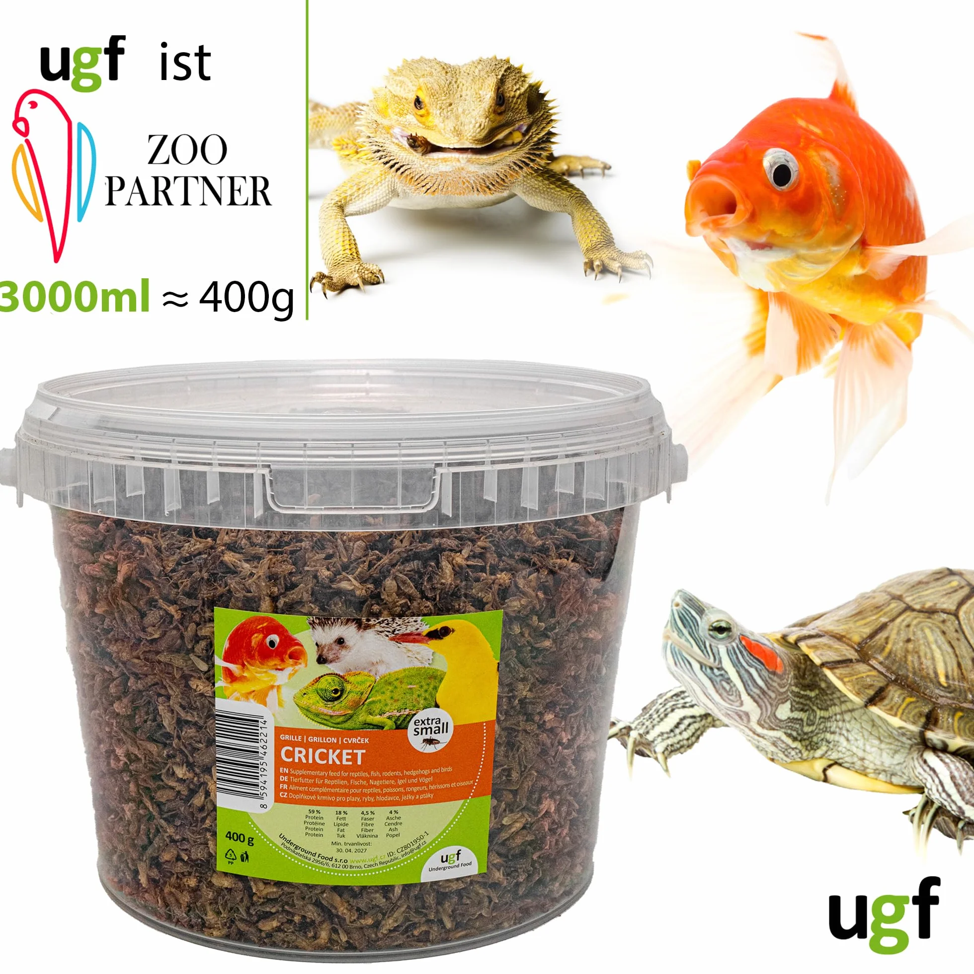 UGF - Suszone małe świerszcze - 400 g w wiaderku 3-litrowym, Owady świerszczowe, Karma dla ptaków dzikich (całoroczna), Karma dla żółwi, Karma dla jeży, Karma dla jaszczurek, Karma dla ryb