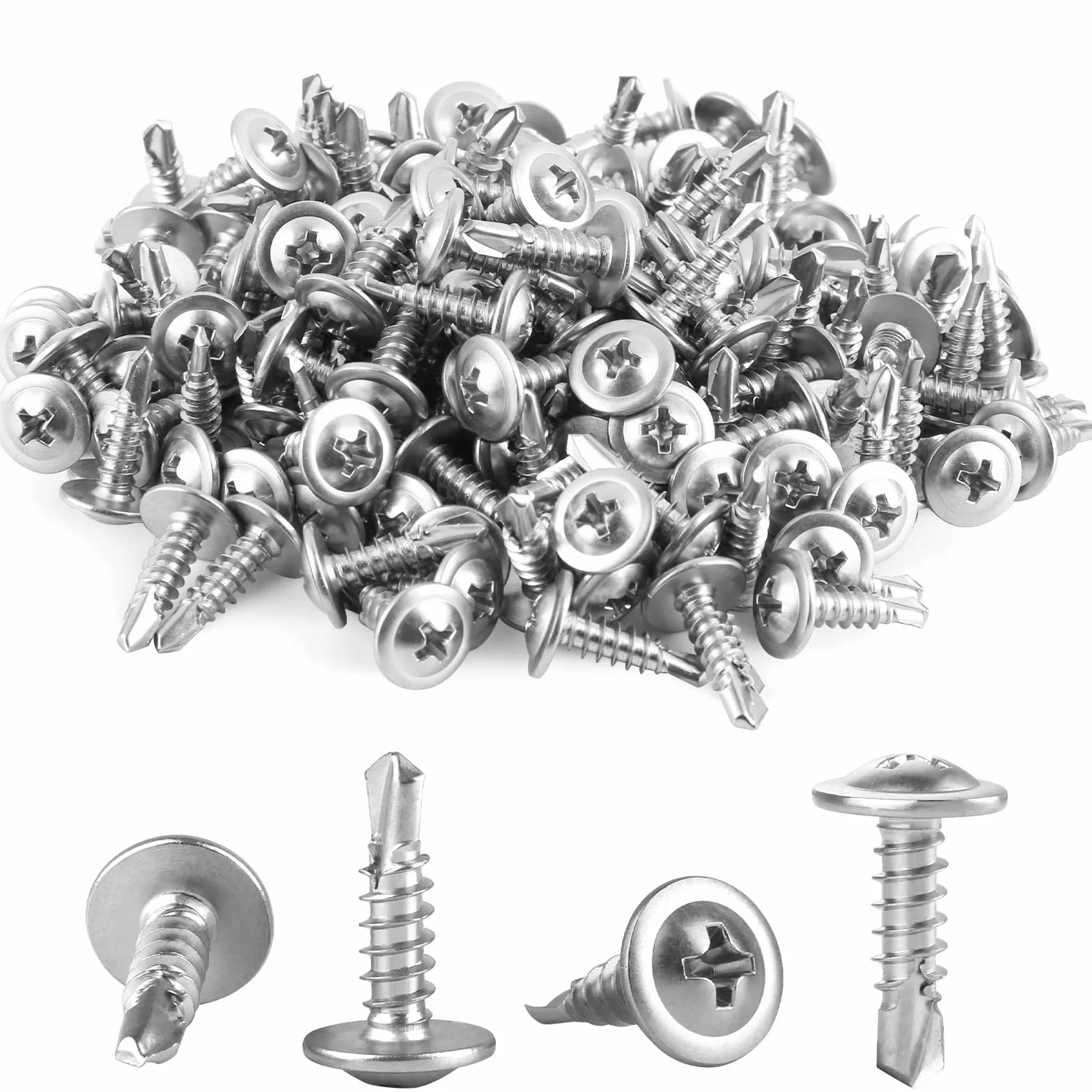 Śruby samowiercące ze stali nierdzewnej, 150 sztuk, metalowe, M4,2 x 16 mm, śruby samowiercące ze stali nierdzewnej, śruby samowiercące, srebrne wkręty samowiercące do metalu