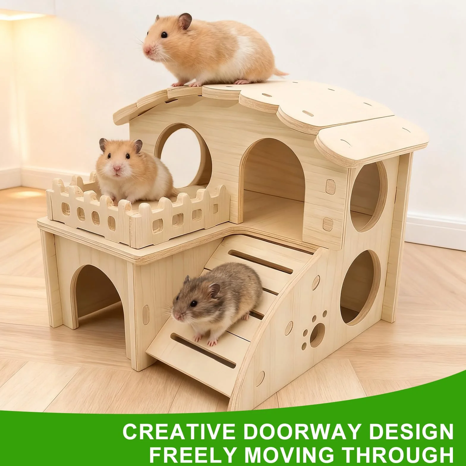 Domek dla chomików z drewna, wielokomorowy, domek dla chomików, świnek morskich, domek z rampą, domek dla świnek morskich, akcesoria dla małych zwierząt domowych, chomików karłowatych, myszy wyścigowe