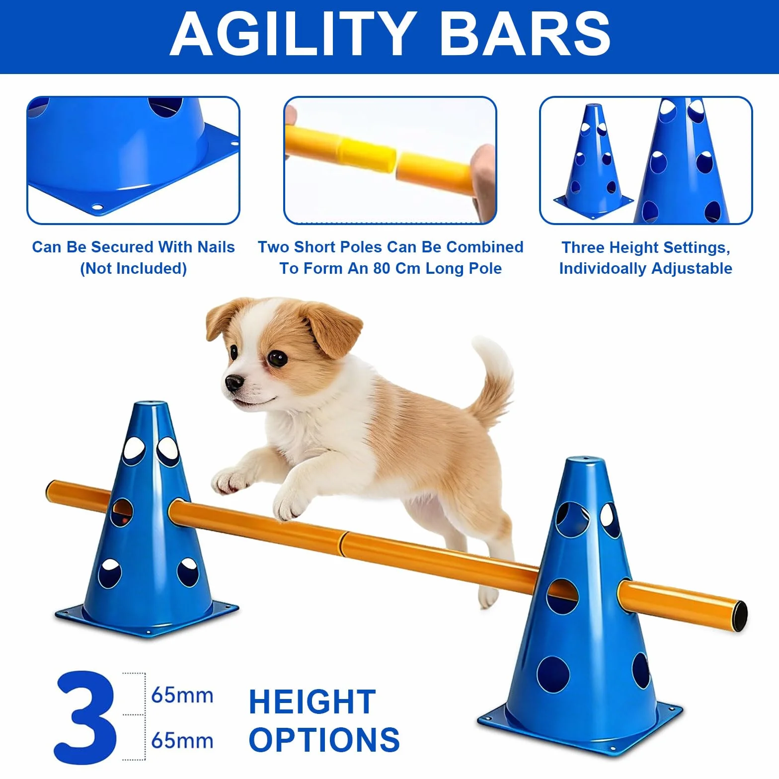 Agility zestaw dla małych psów Cavaletti, płotki wtykowe, akcesoria treningowe, 10 stożków, 5 drążków