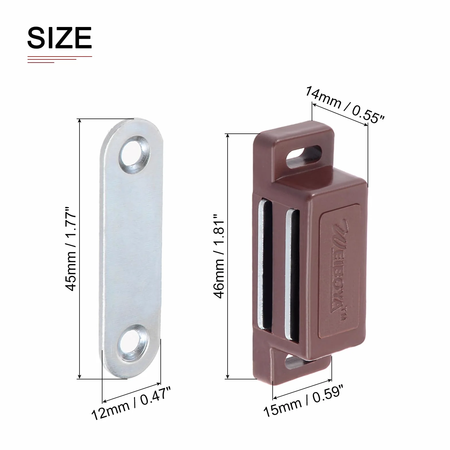 Magnesy zatrzaskowe do szafek 46 x 15 mm 8 sztuk tworzywo ABS brązowy