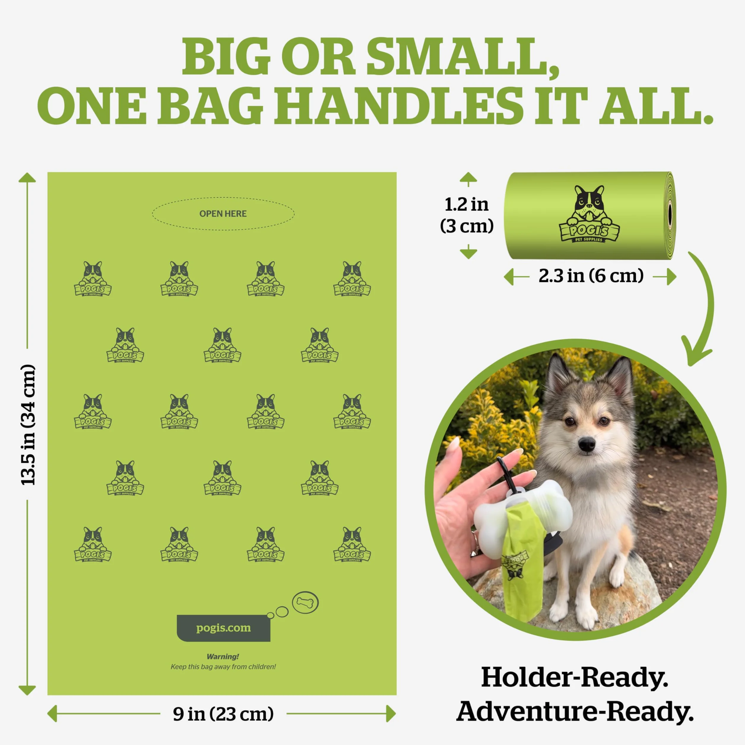 Pogi's Dog Poo Bag Holder – dozownik z metalowym karabińczykiem na smycze, zawiera 15 bezzapachowych torebek