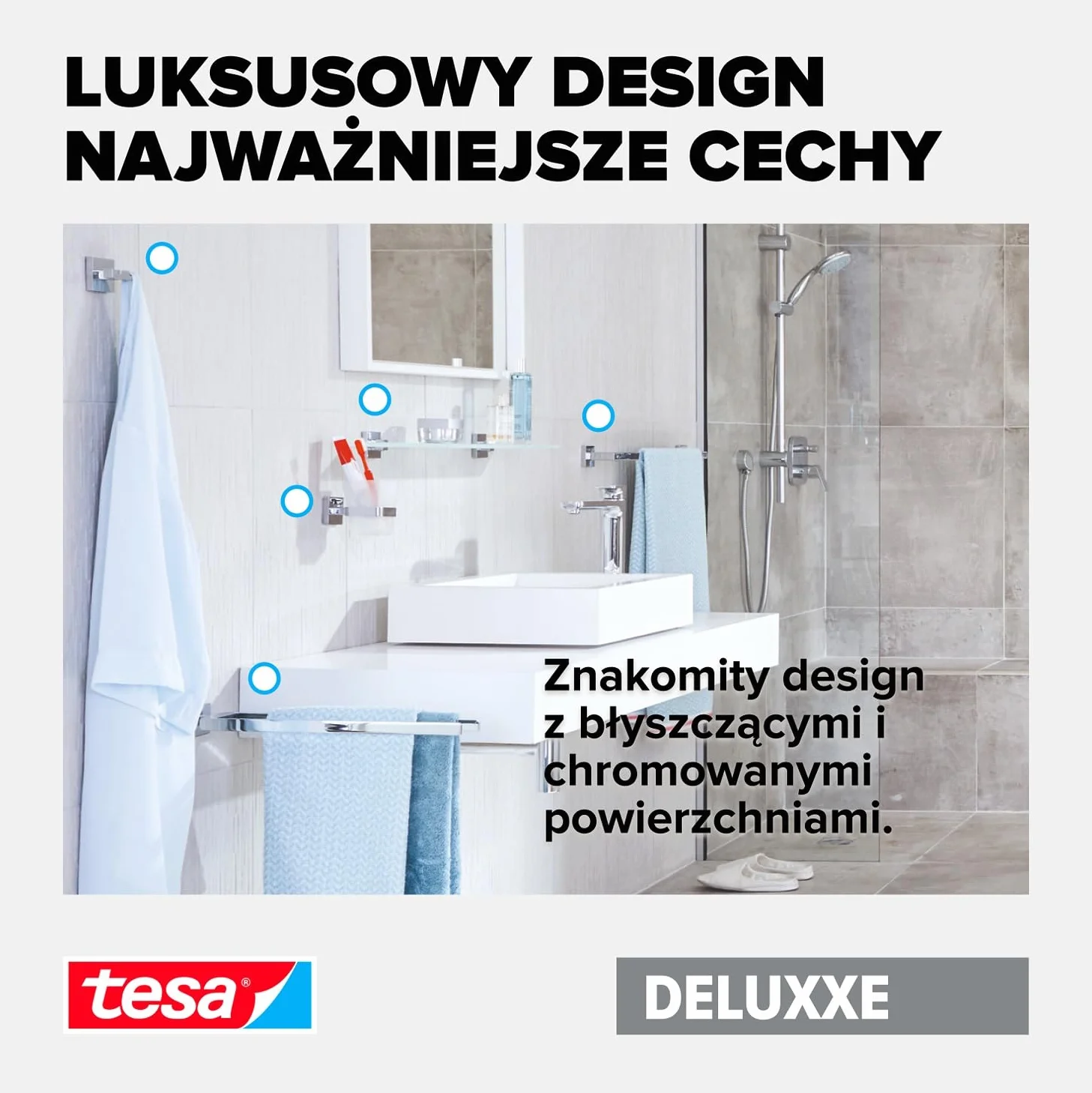 tesa DELUXXE wieszak na ręczniki – samoprzylepny, metalowy pierścień ręcznikowy do łazienki – chromowany metal – prosty montaż – 156 mm x 185 mm x 45 mm